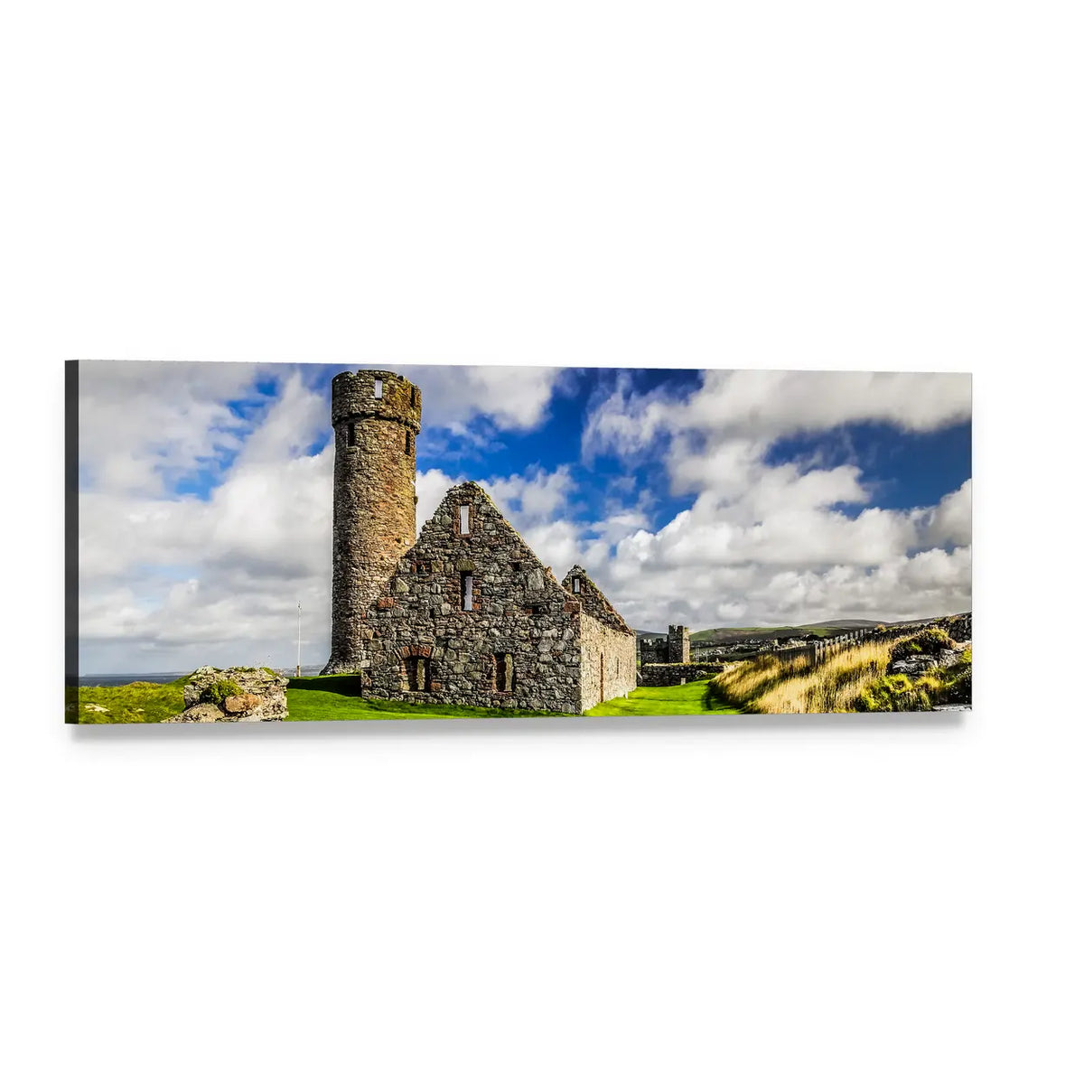 Peel Castle Tower Over Rolling Hills Panoramic Canvas Wall Art, single panel gallery wrapped canvas, angled product view
