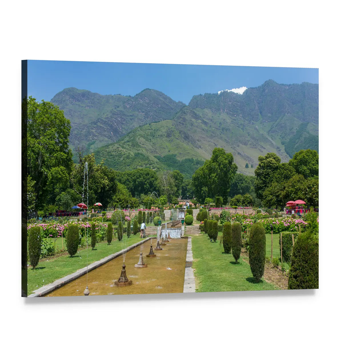 Mughal Garden in Srinagar with Snow-capped Mountains Canvas Wall Art, single panel gallery wrapped canvas, angled product view
