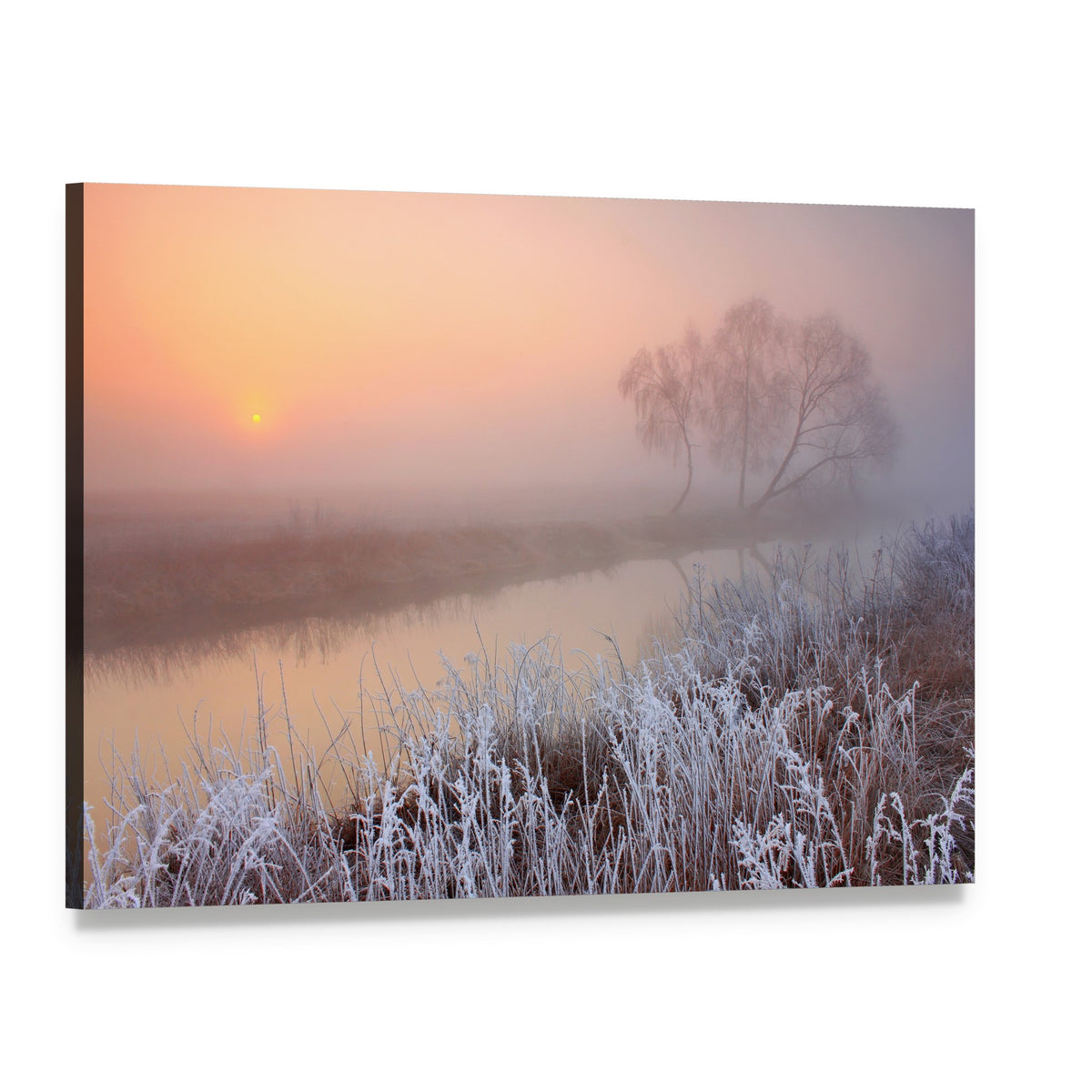 Misty Morning on River Canvas Wall Art, single panel gallery wrapped canvas, angled product view