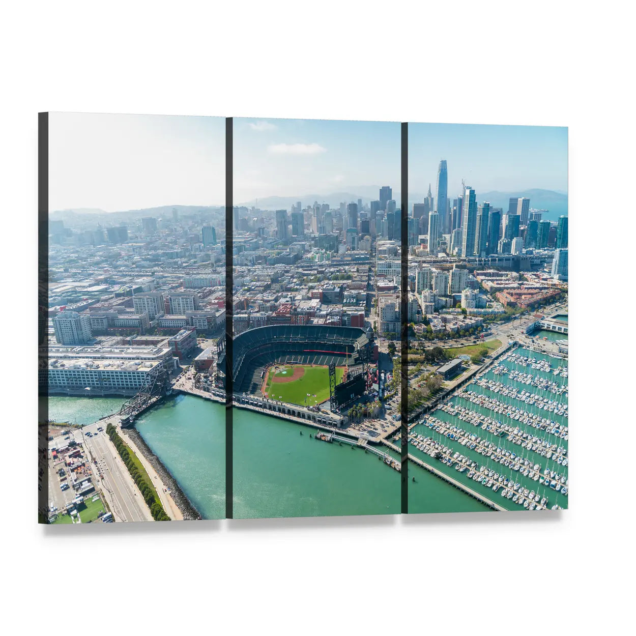 San Francisco Waterfront Skyline Canvas Wall Art, 3 panel 3 Horizontal layout gallery wrapped canvas set, angled product view