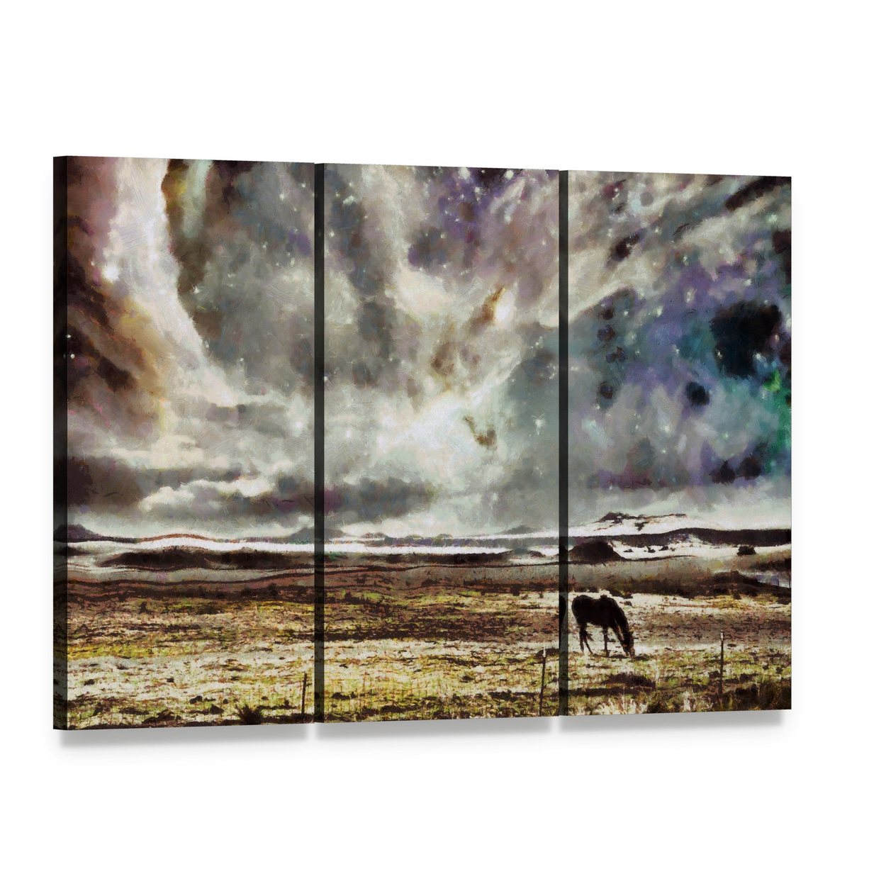 Solitary Horse Grazing Under Swirling Clouds Canvas Wall Art, 3 panel 3 Horizontal layout gallery wrapped canvas set, angled product view