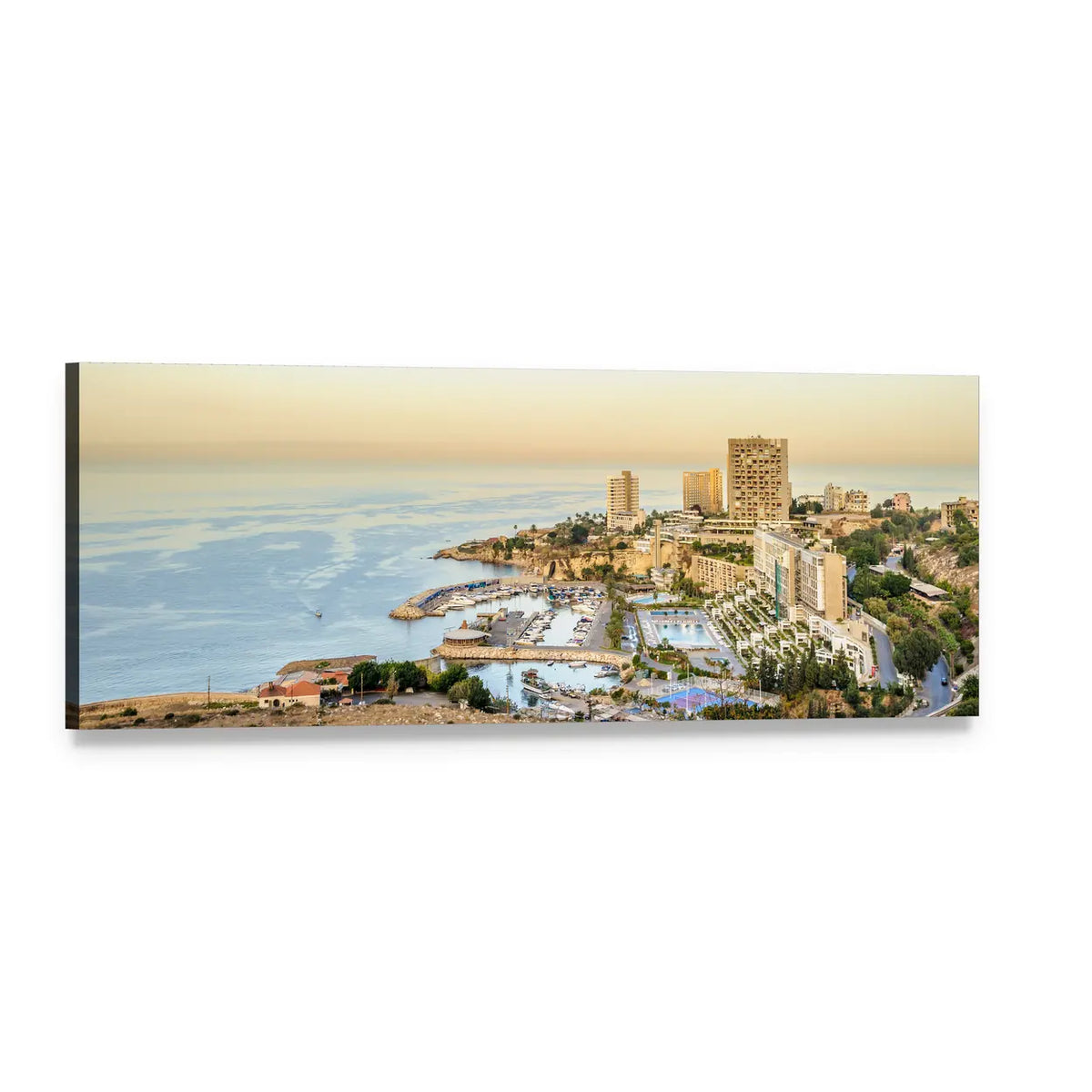 Beirut Coastal Cityscape Panoramic Canvas Wall Art, single panel gallery wrapped canvas, angled product view