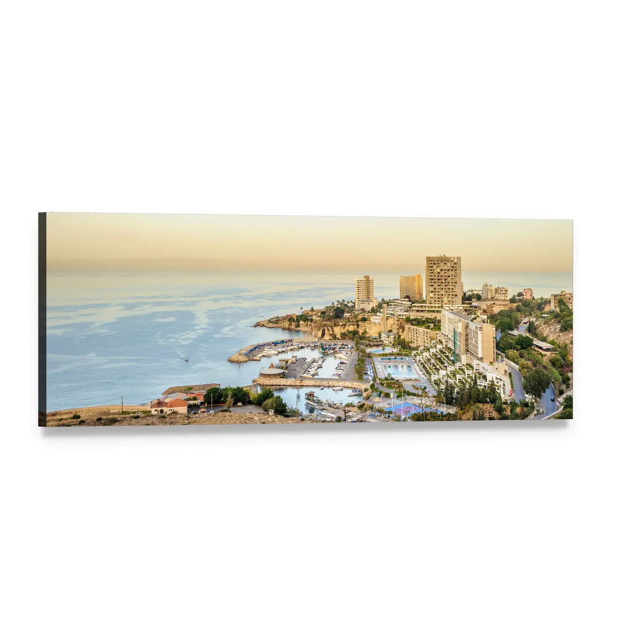 Beirut Coastal Cityscape Panoramic Canvas Wall Art, single panel gallery wrapped canvas, angled product view