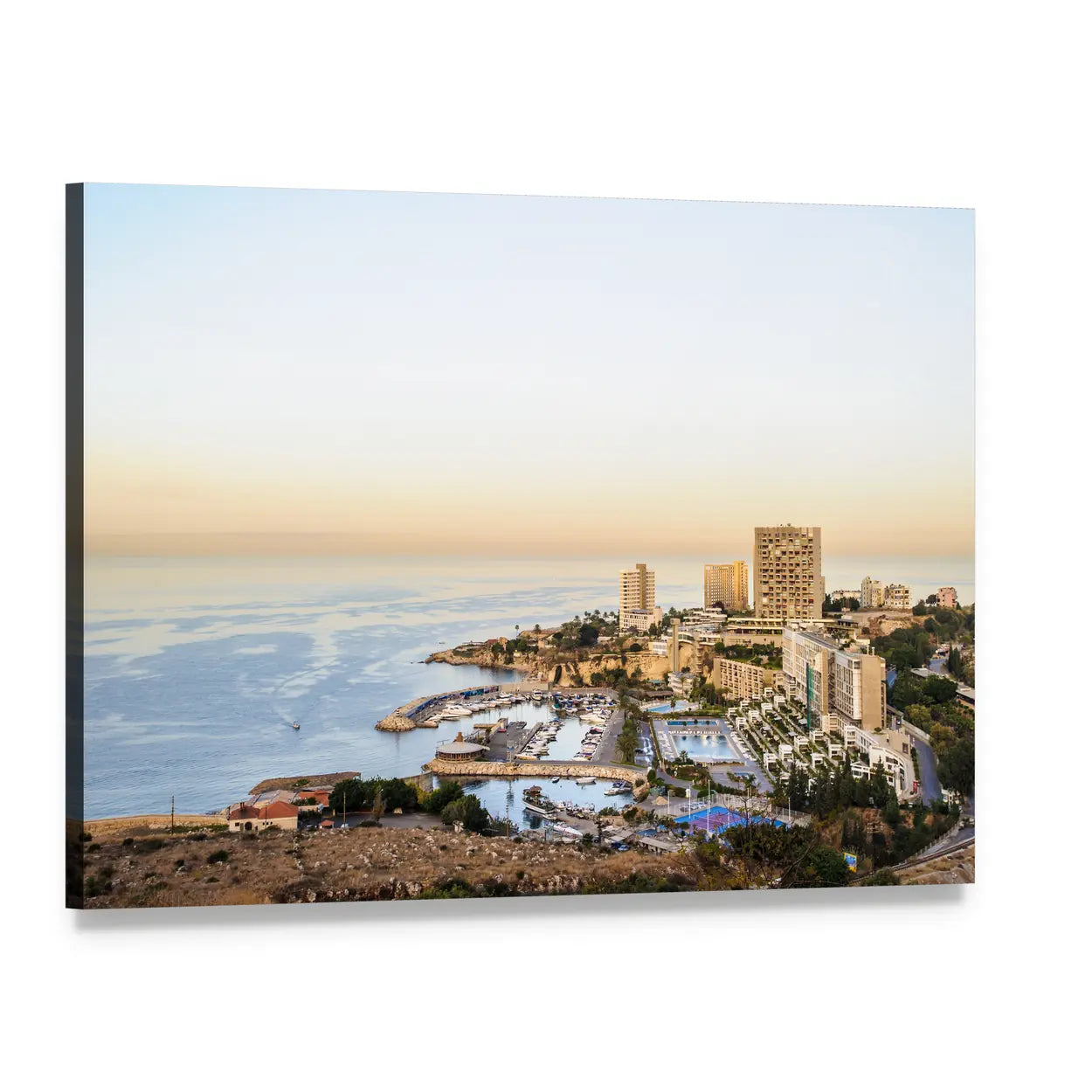 Beirut Harbor View Canvas Wall Art, single panel gallery wrapped canvas, angled product view