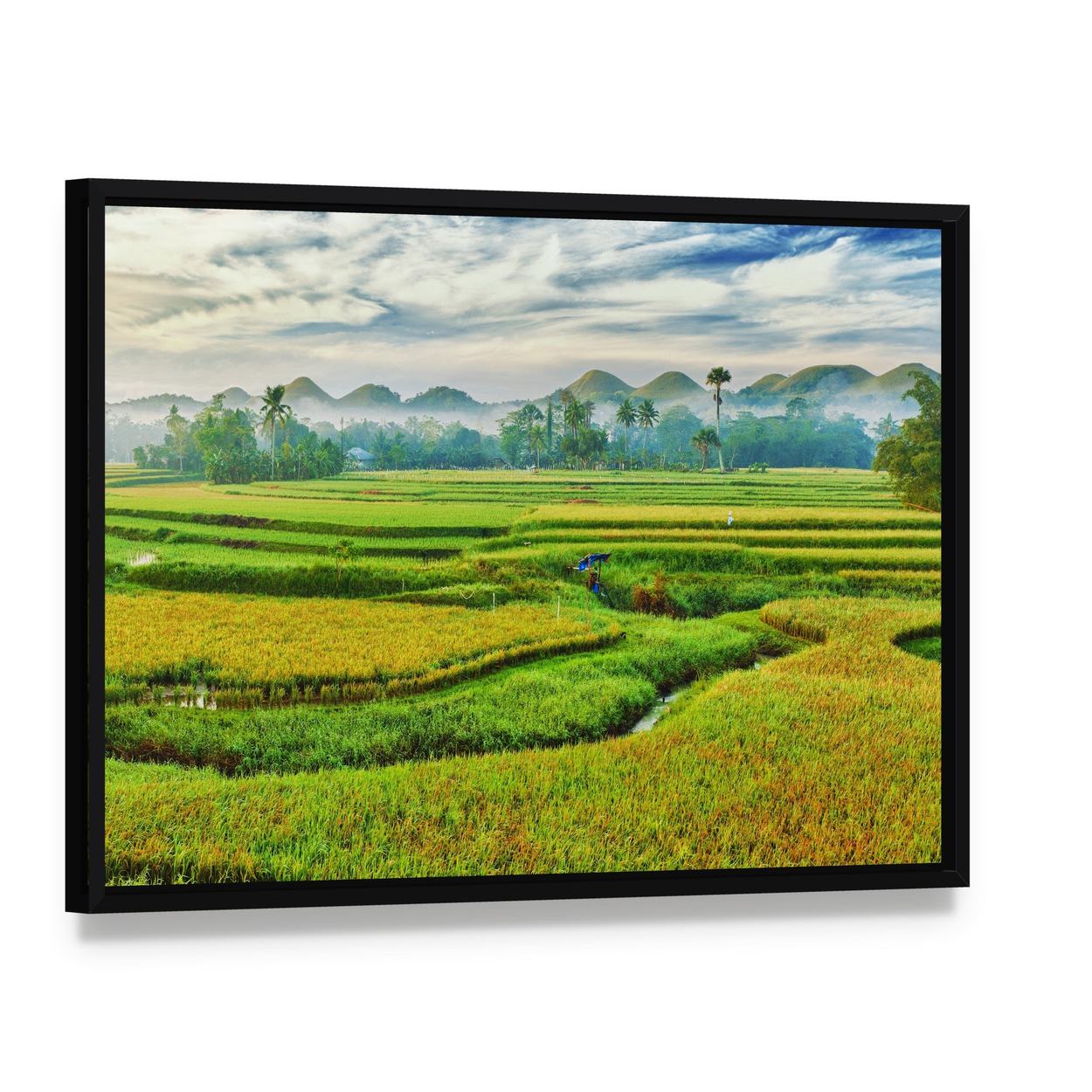 Paddy Rice Terraces in Morning Mist Canvas Wall Art, framed canvas in a black floater frame, angled product view