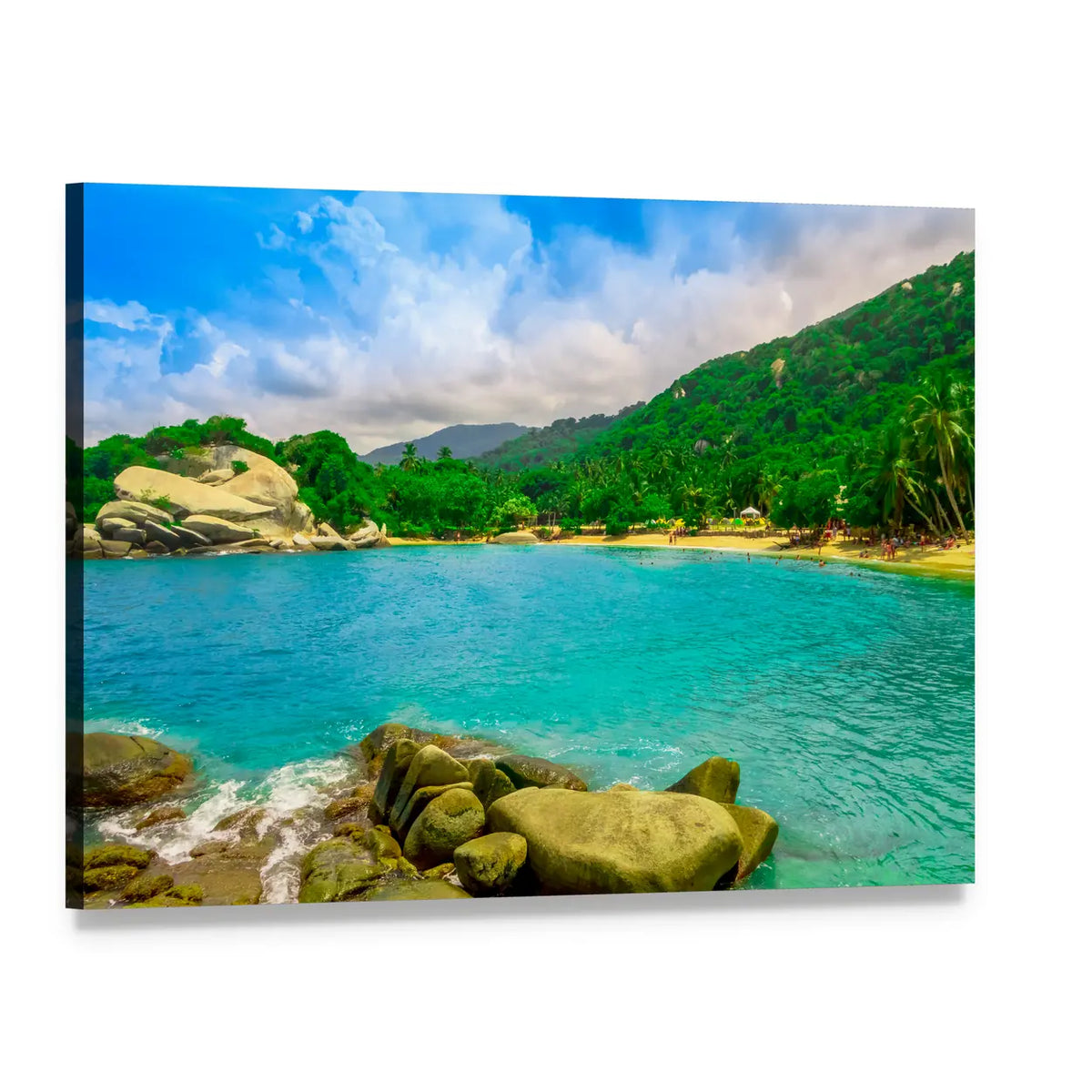 Tropical Beach with Turquoise Water and Boulders Canvas Wall Art, single panel gallery wrapped canvas, angled product view