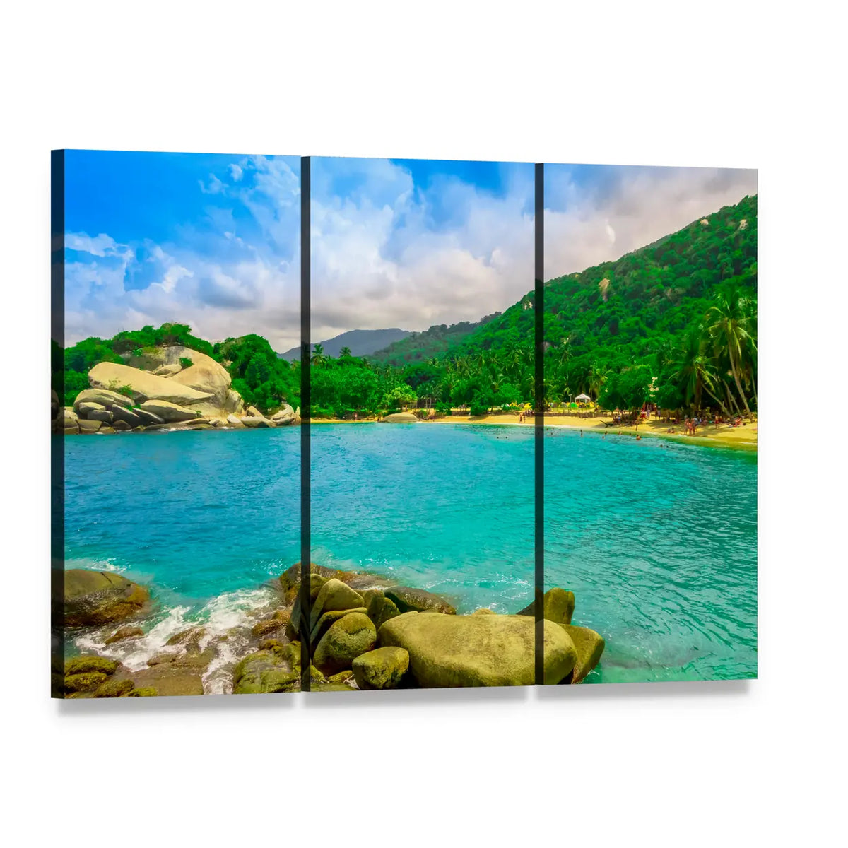 Tropical Beach with Turquoise Water and Boulders Canvas Wall Art, 3 panel 3 Horizontal layout gallery wrapped canvas set, angled product view