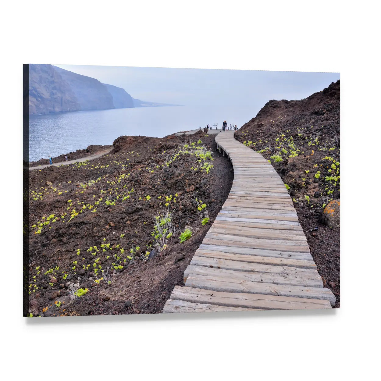 Wooden Boardwalk Along Volcanic Coast Canvas Wall Art, single panel gallery wrapped canvas, angled product view