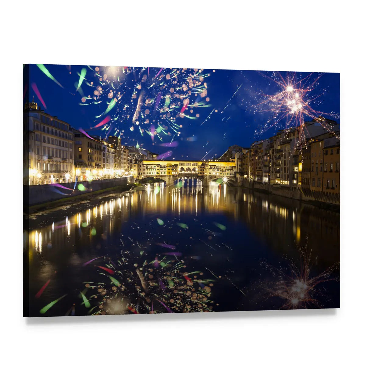 Fireworks Over River Bridge at Night Canvas Wall Art, single panel gallery wrapped canvas, angled product view