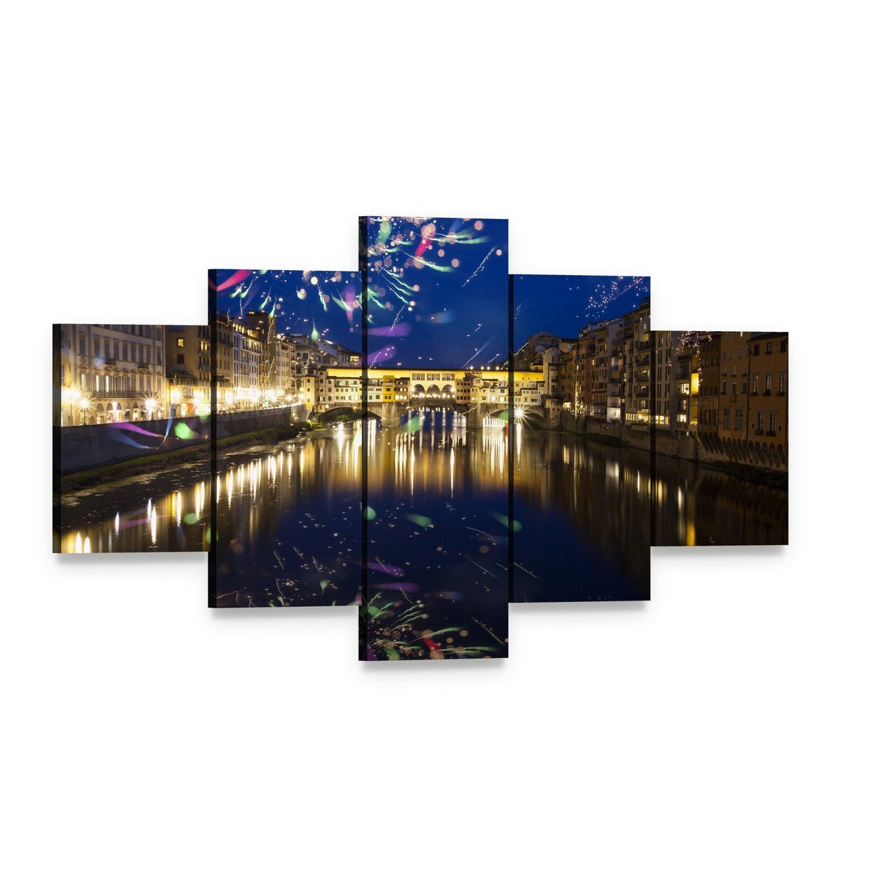 Ponte Vecchio Fireworks Over the Arno Canvas Wall Art, 5 panel 5 Star layout gallery wrapped canvas set, angled product view