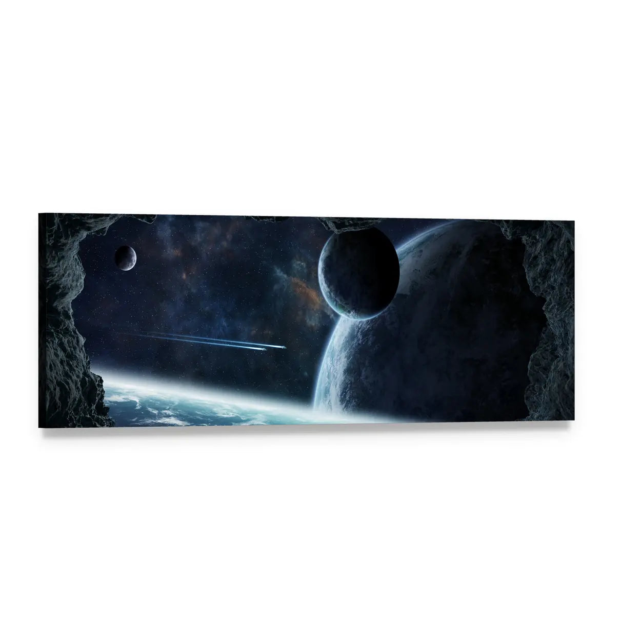 Planets Seen from a Cave Panoramic Canvas Wall Art, single panel gallery wrapped canvas, angled product view