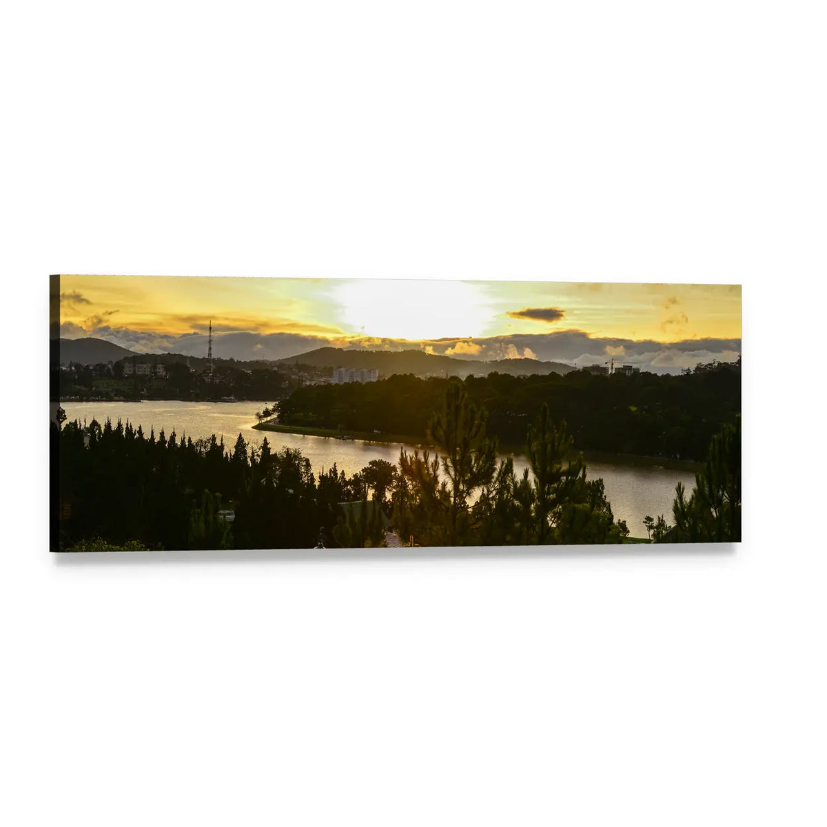 Xuan Huong Lake Sunset Panoramic Canvas Wall Art, single panel gallery wrapped canvas, angled product view