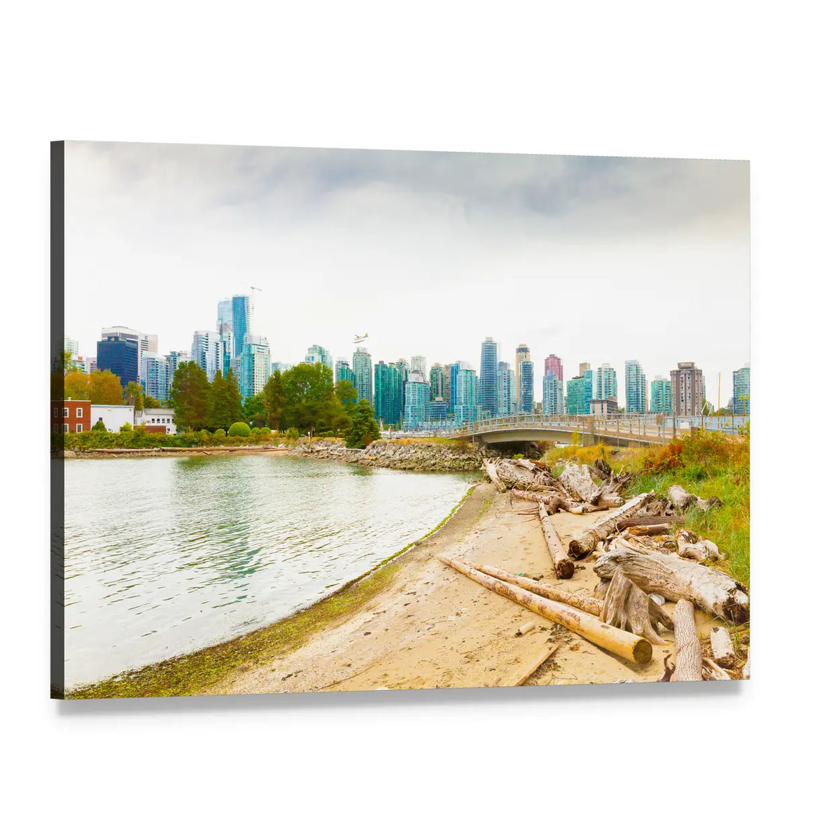 Cloudy Vancouver Waterfront Skyline Canvas Wall Art, single panel gallery wrapped canvas, angled product view