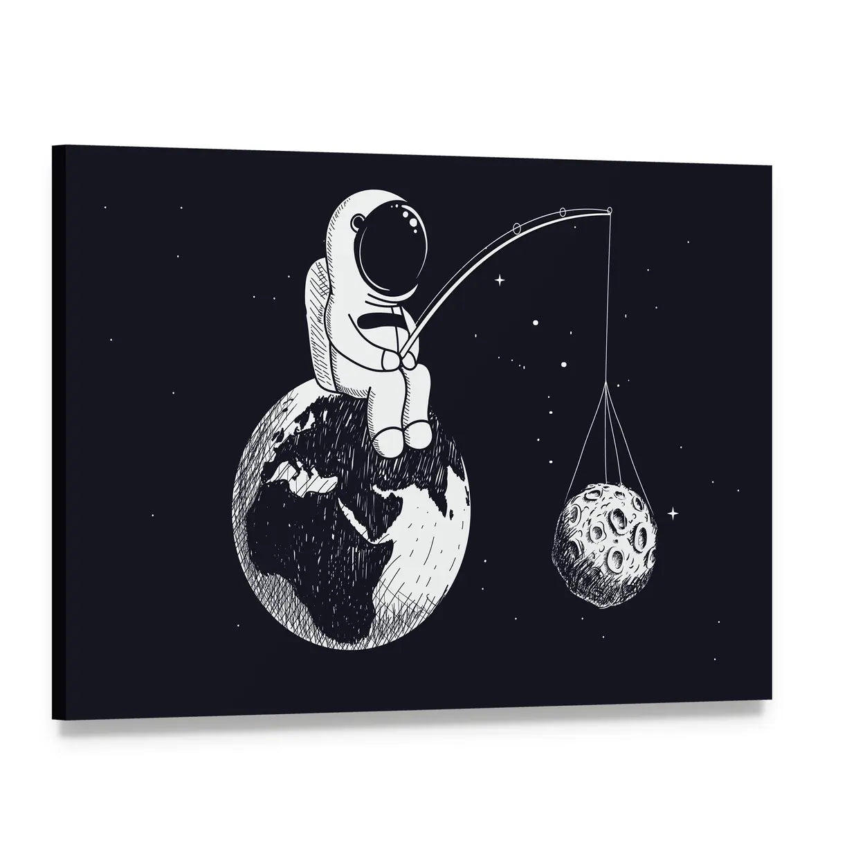 Little Astronaut Sitting on Earth Canvas Wall Art, single panel gallery wrapped canvas, angled product view