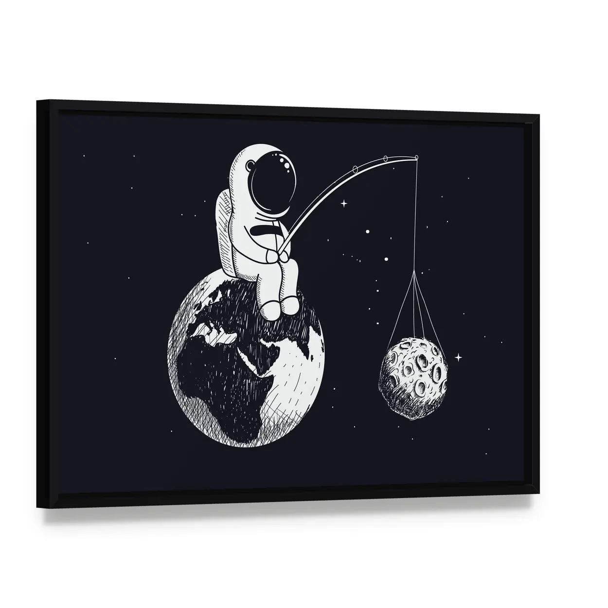 Little Astronaut Sitting on Earth Canvas Wall Art, framed canvas in a black floater frame, angled product view
