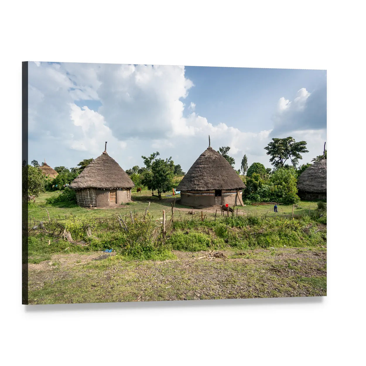 Omo Valley Straw Huts Canvas Wall Art, single panel gallery wrapped canvas, angled product view