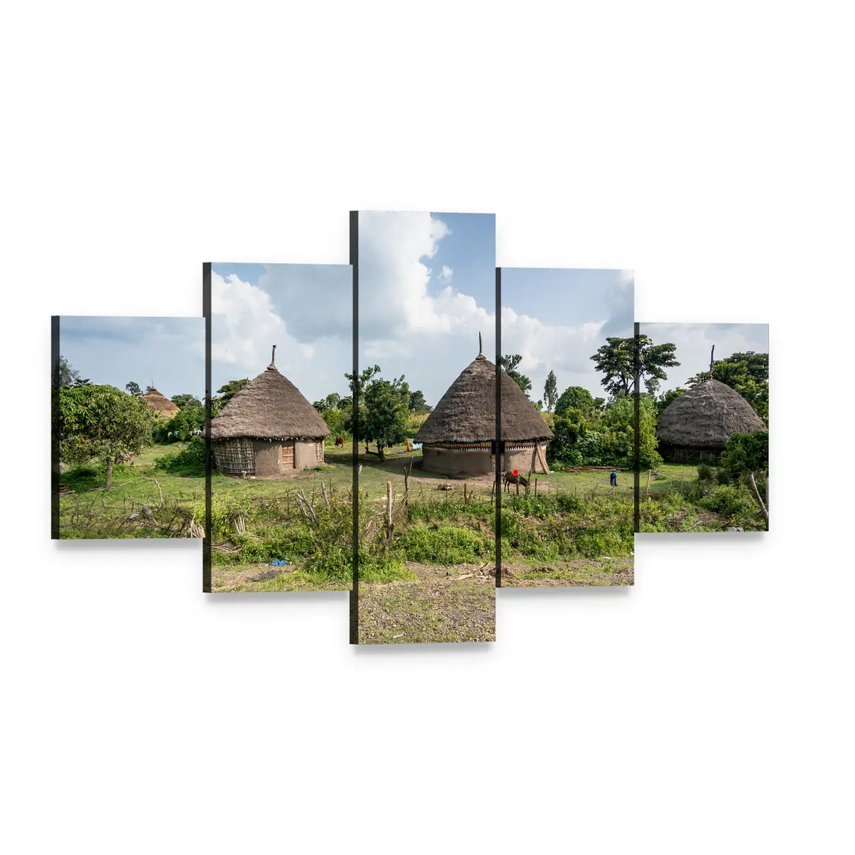 Omo Valley Straw Huts Canvas Wall Art, 5 panel 5 Star layout gallery wrapped canvas set, angled product view