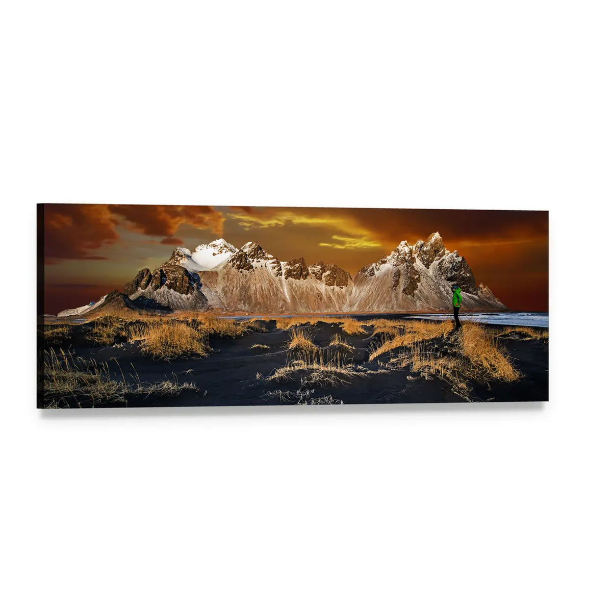 Vestrahorn Mountains, Iceland Panoramic Canvas Wall Art, single panel gallery wrapped canvas, angled product view
