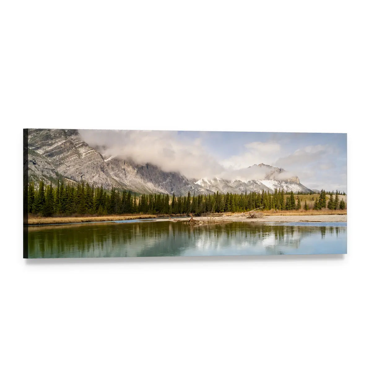 Bow River Canada Landscape Panoramic Canvas Wall Art, single panel gallery wrapped canvas, angled product view