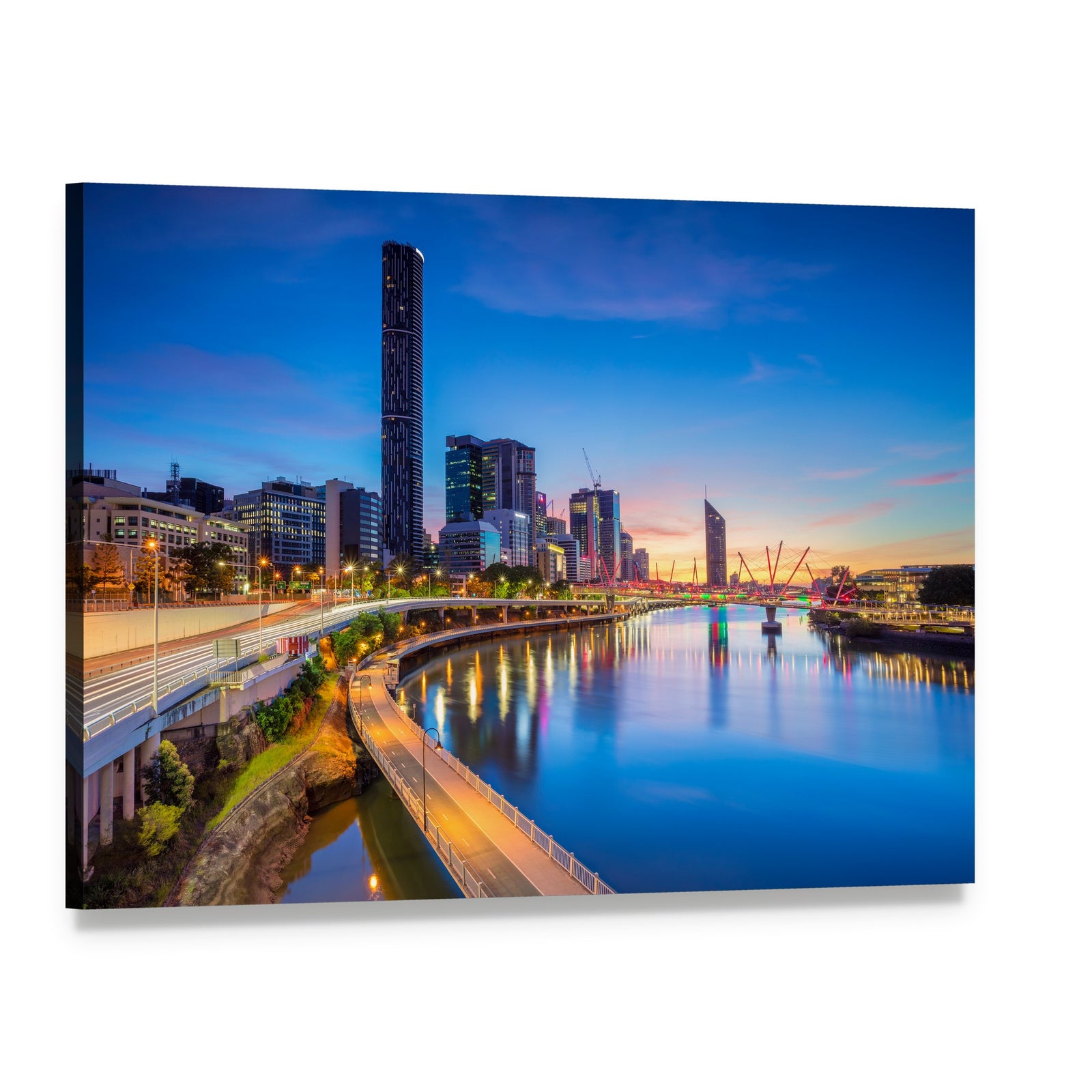 Brisbane Skyline at Sunrise Canvas Wall Art, single panel gallery wrapped canvas, angled product view