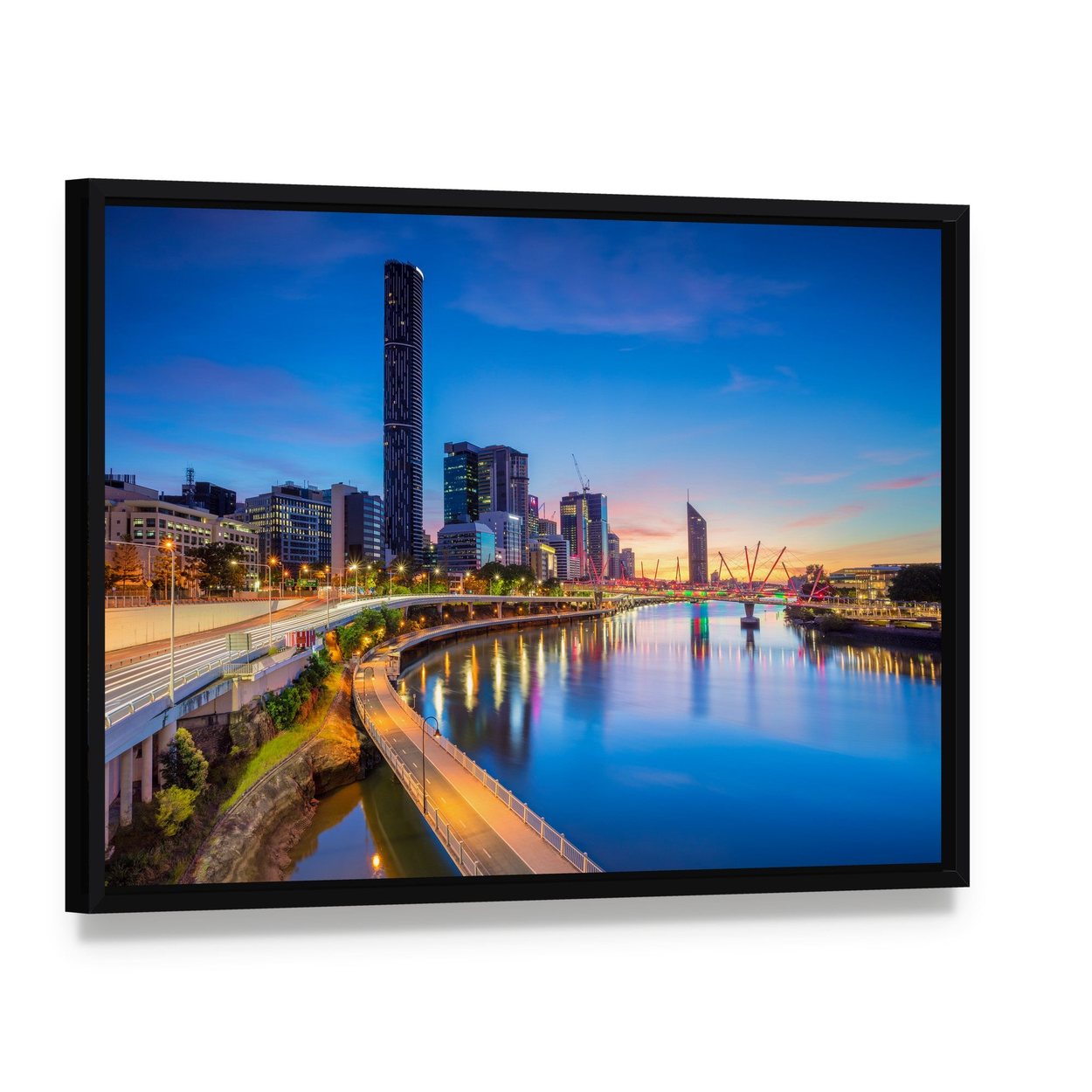 Brisbane Skyline at Sunrise Canvas Wall Art, framed canvas in a black floater frame, angled product view