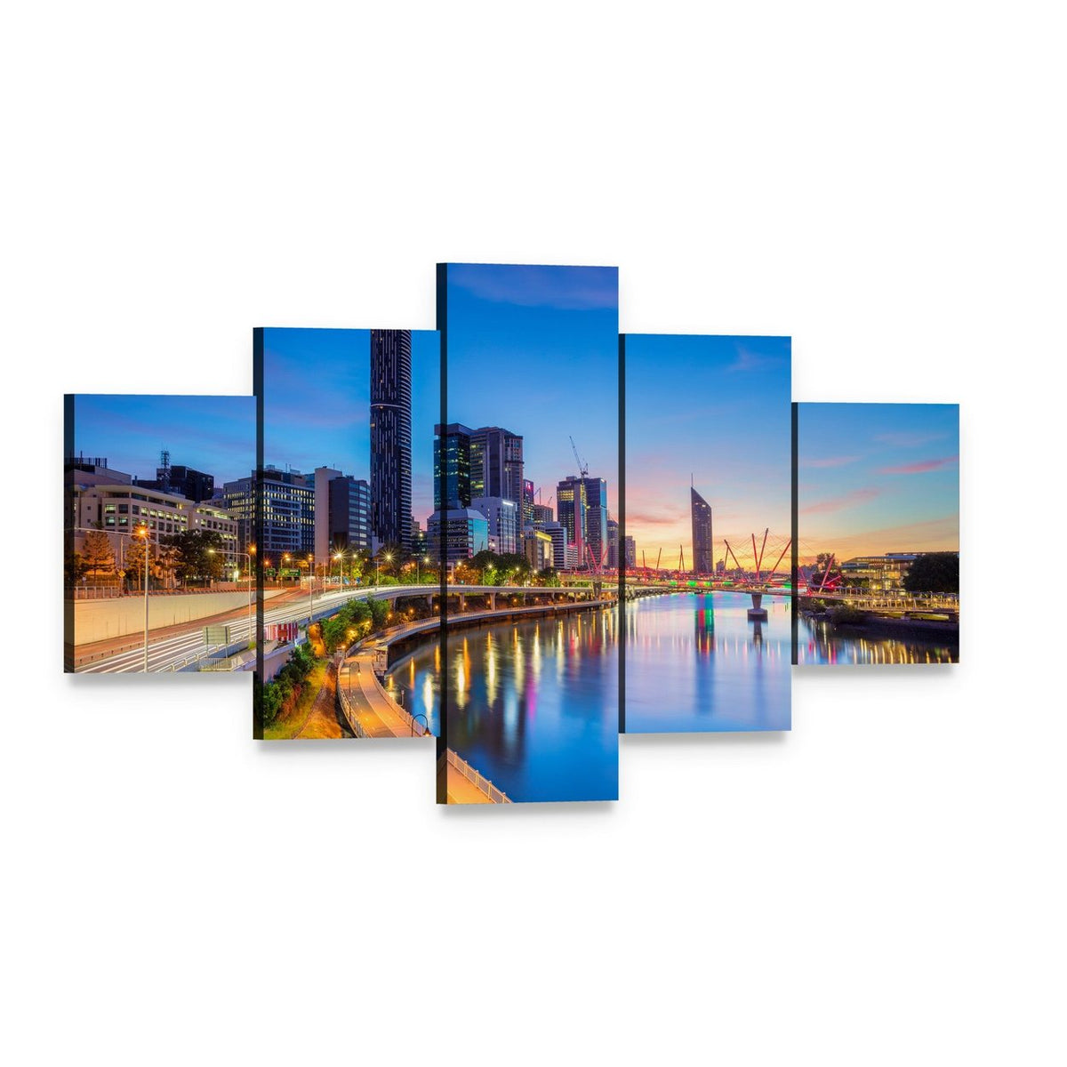 Brisbane Skyline at Sunrise Canvas Wall Art, 5 panel 5 Star layout gallery wrapped canvas set, angled product view