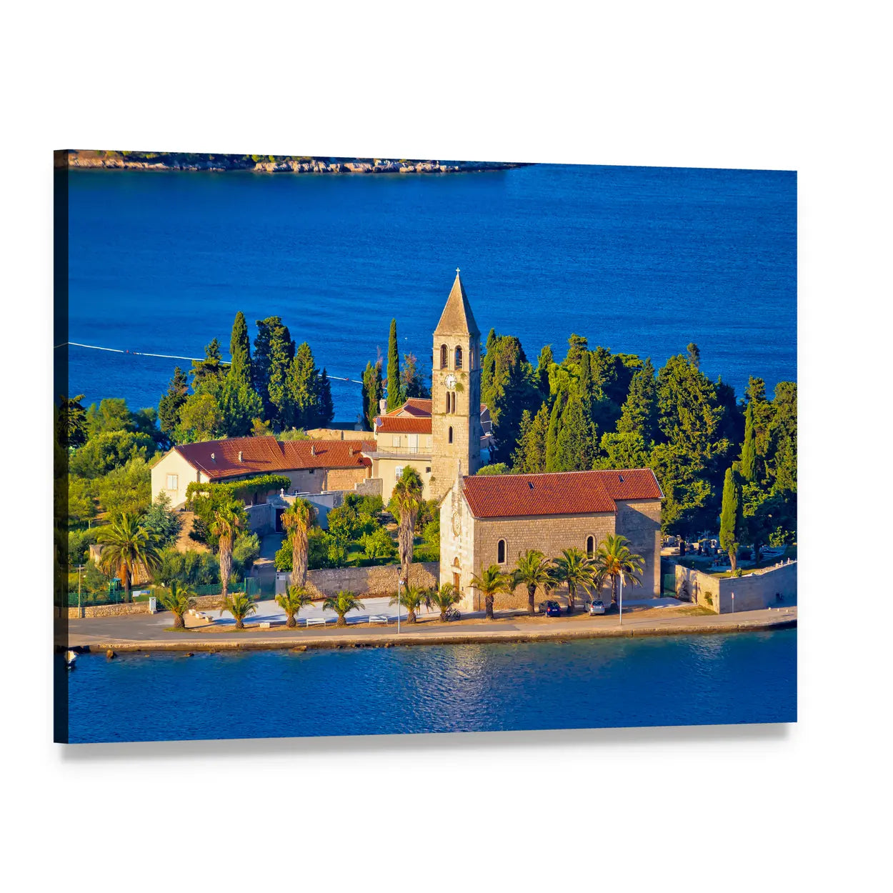 Island Church Among Cypress and Sea Canvas Wall Art, single panel gallery wrapped canvas, angled product view