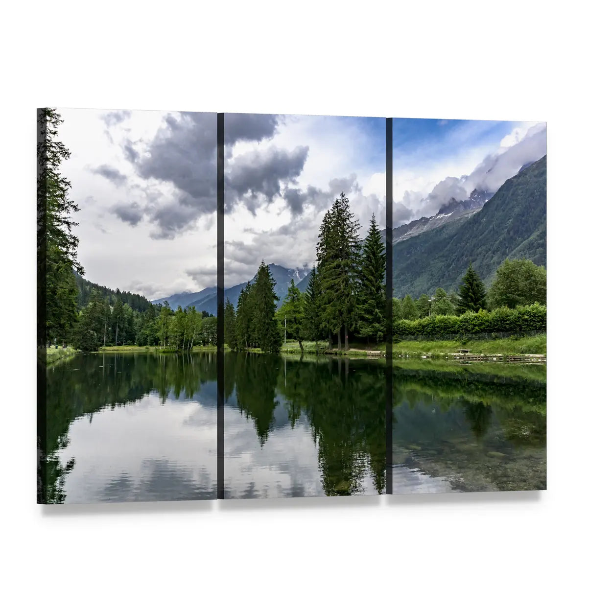 Lake Gaillands with Mont Blanc Canvas Wall Art, 3 panel 3 Horizontal layout gallery wrapped canvas set, angled product view