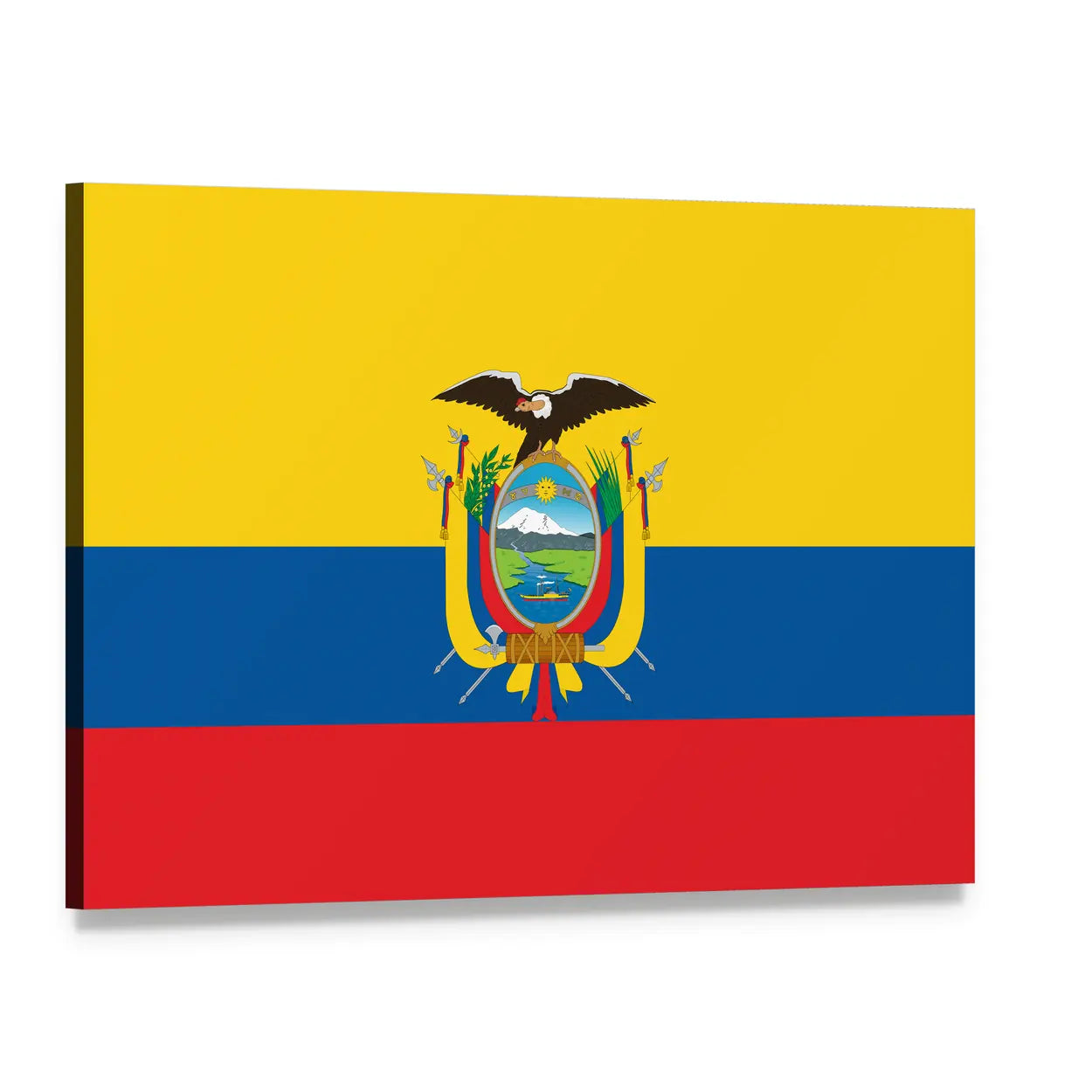 Ecuadorian Flag with Coat of Arms Canvas Wall Art, single panel gallery wrapped canvas, angled product view