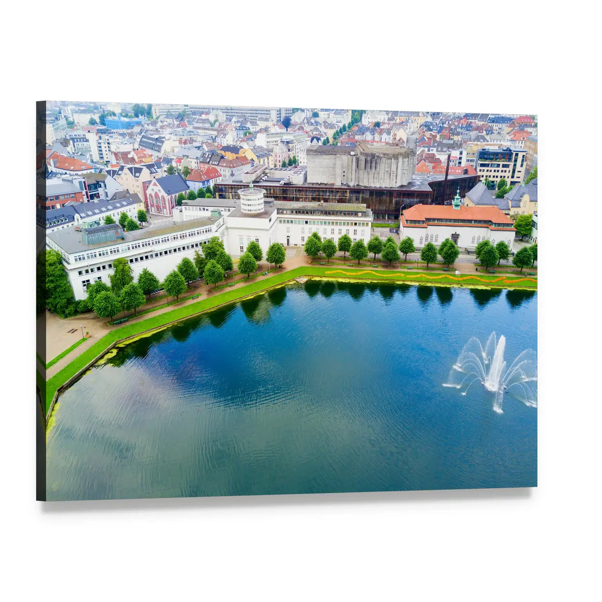 Bergen Museum Aerial Lake View Canvas Wall Art, single panel gallery wrapped canvas, angled product view