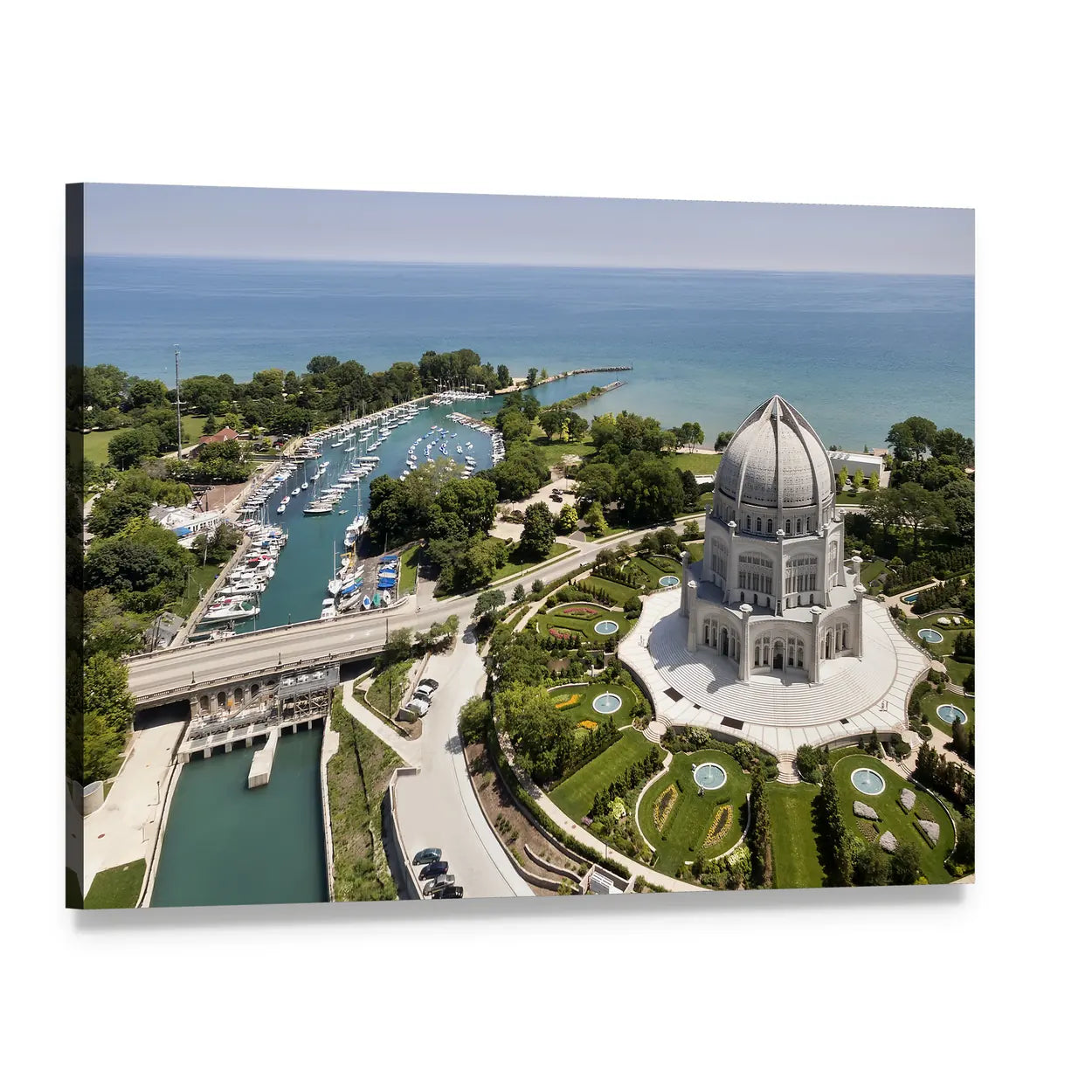 Baha'i Temple and Wilmette Harbor Canvas Wall Art, single panel gallery wrapped canvas, angled product view