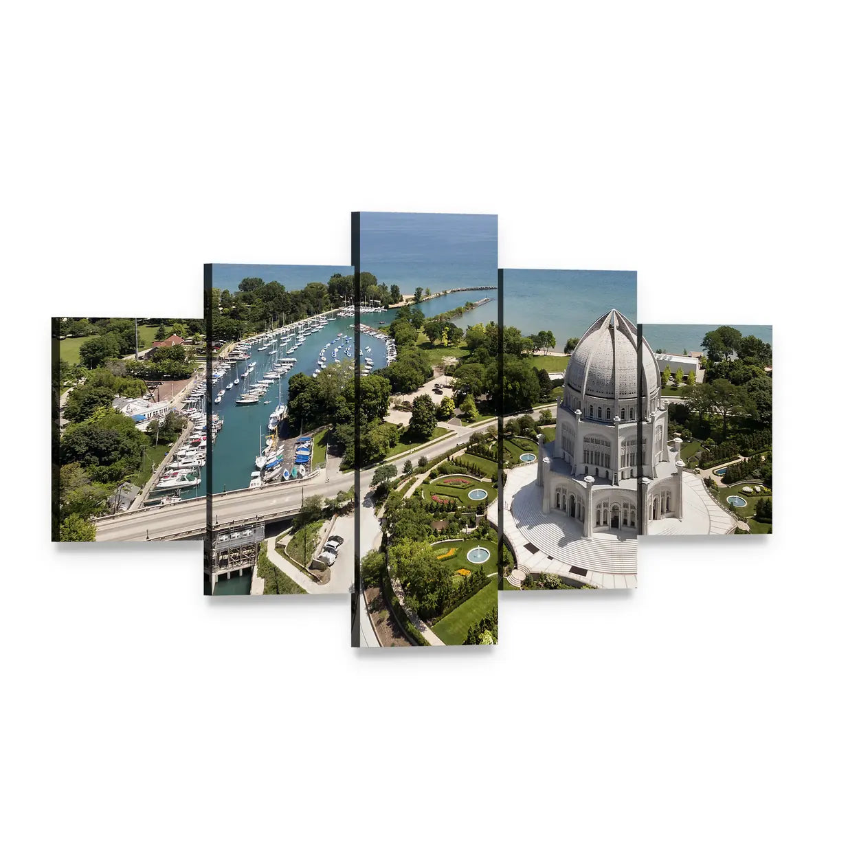 Baha'i Temple and Wilmette Harbor Canvas Wall Art, 5 panel 5 Star layout gallery wrapped canvas set, angled product view