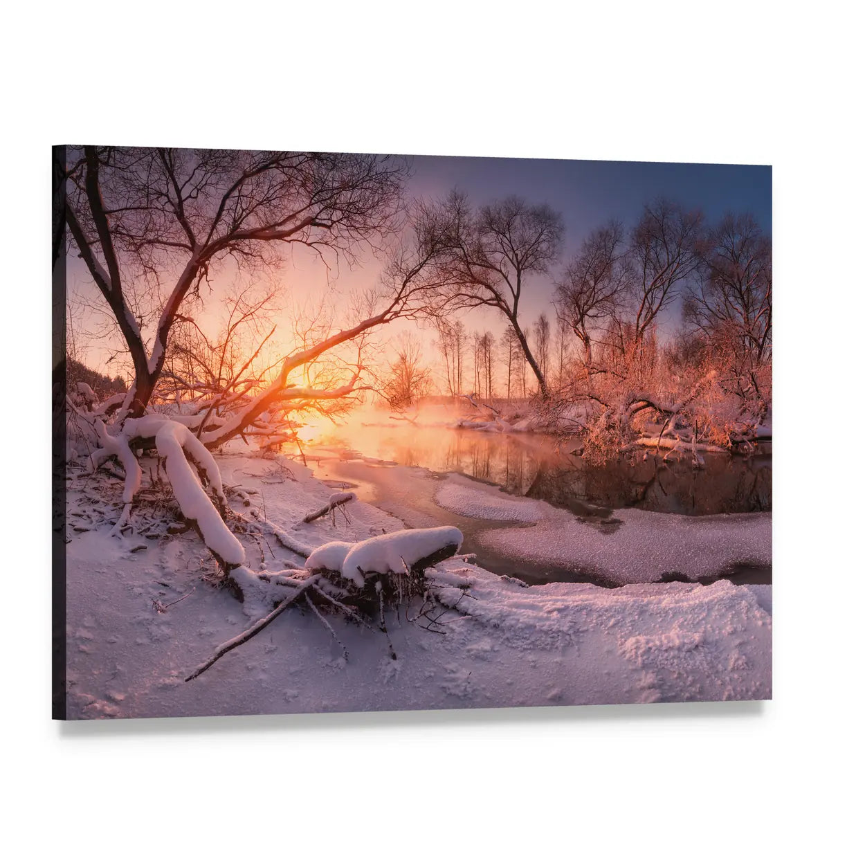 Frozen River at Sunset Canvas Wall Art, single panel gallery wrapped canvas, angled product view