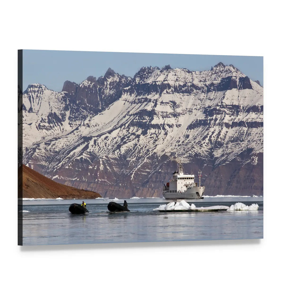 Icebreaker and Zodiac Boats in Scoresbysund Canvas Wall Art, single panel gallery wrapped canvas, angled product view