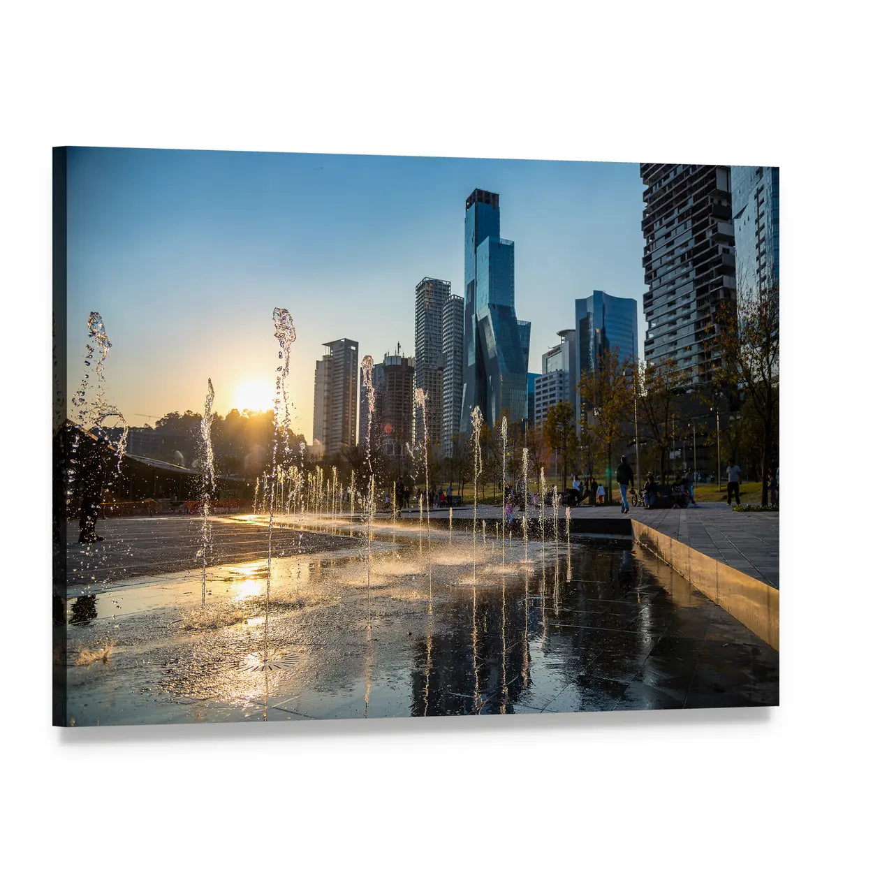Urban Park Sunset with Fountains Canvas Wall Art, single panel gallery wrapped canvas, angled product view