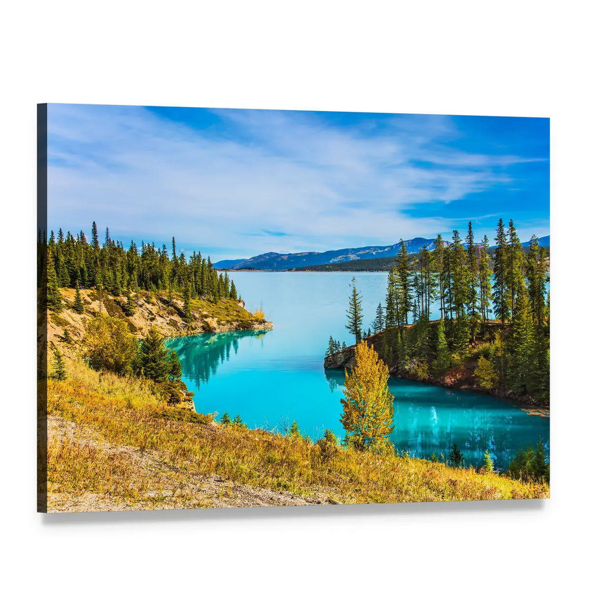 Abraham Lake Turquoise Shore Canvas Wall Art, single panel gallery wrapped canvas, angled product view
