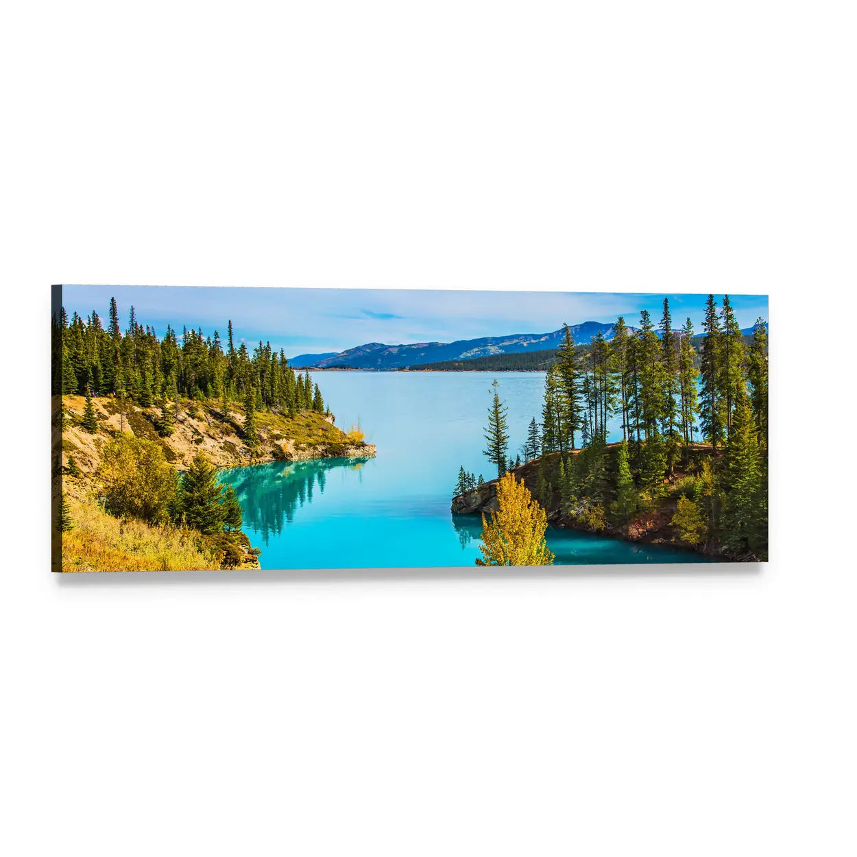 Abraham Lake, Canada Turquoise Reflections Panoramic Canvas Wall Art, single panel gallery wrapped canvas, angled product view