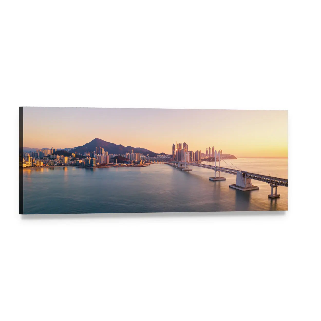 Sunrise Suspension Bridge Over City Skyline Panoramic Canvas Wall Art, single panel gallery wrapped canvas, angled product view