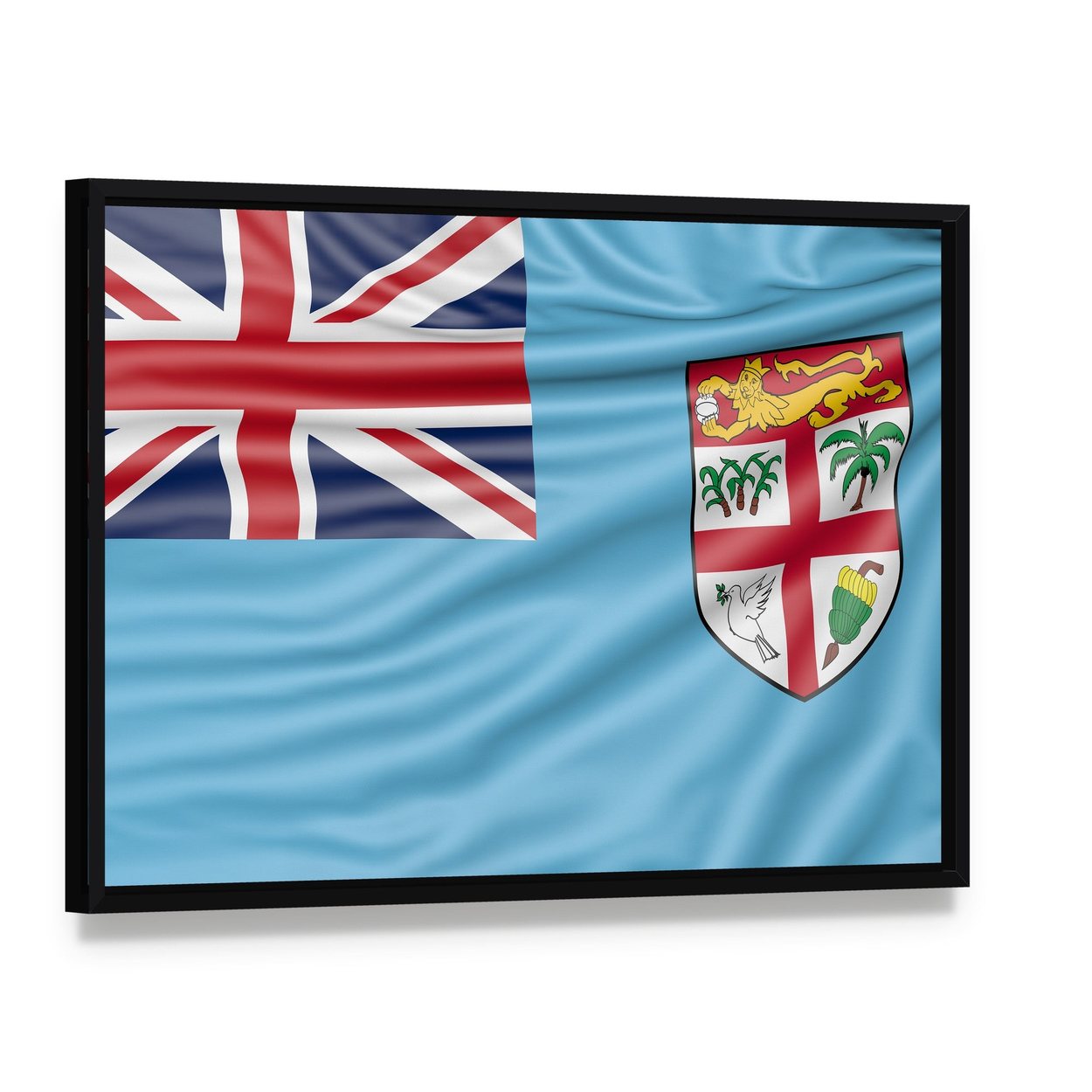 Fiji Flag with Union Jack and Coat of Arms Canvas Wall Art, framed canvas in a black floater frame, angled product view