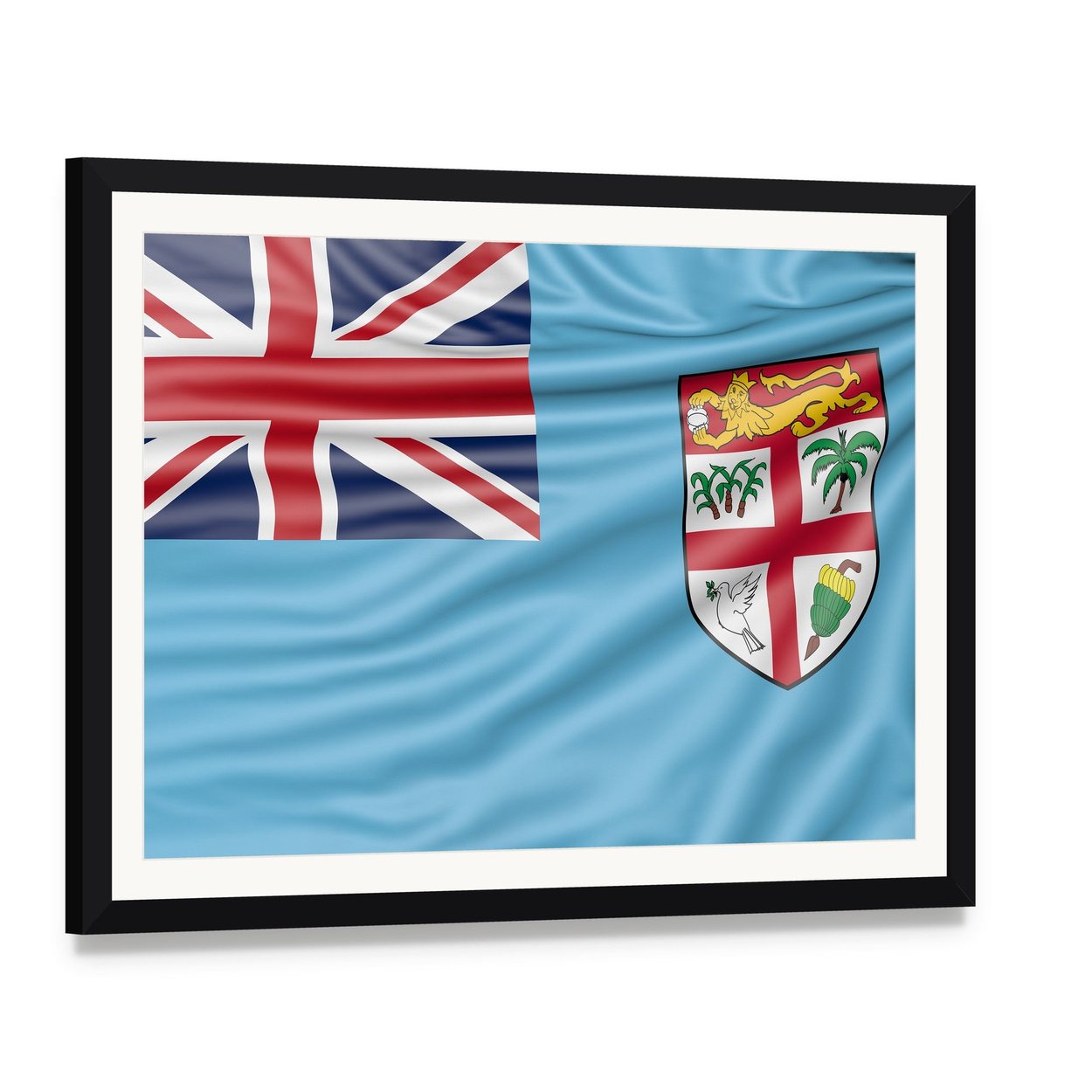 Fiji Flag with Union Jack and Coat of Arms Canvas Wall Art, framed print with white mat and black frame, angled product view