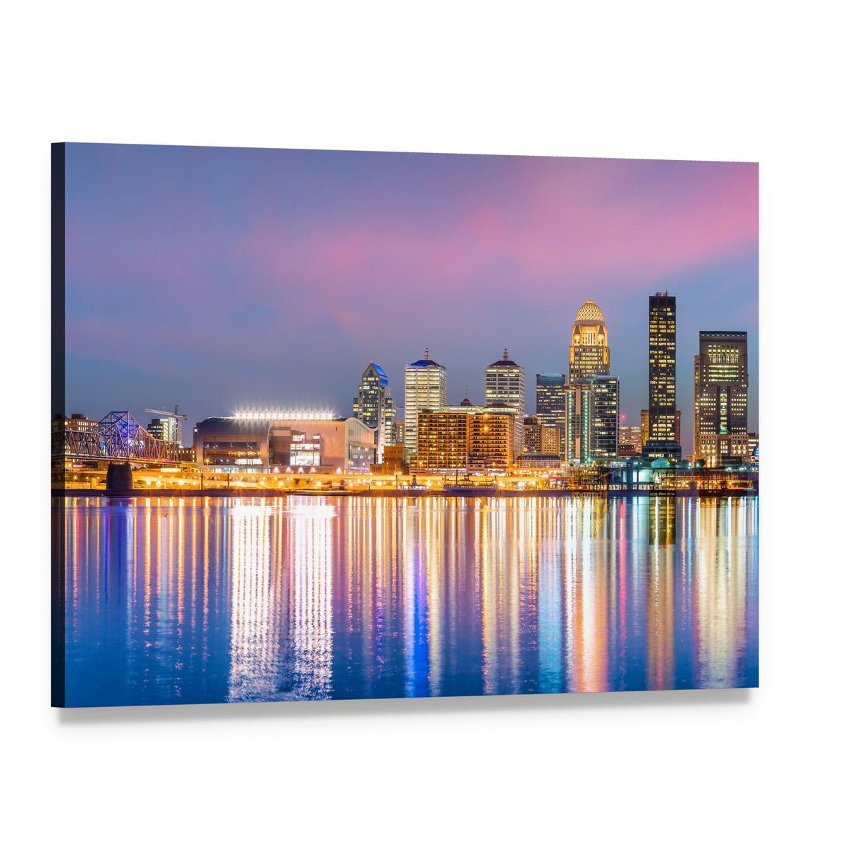 Downtown Louisville Skyline Canvas Wall Art, single panel gallery wrapped canvas, angled product view