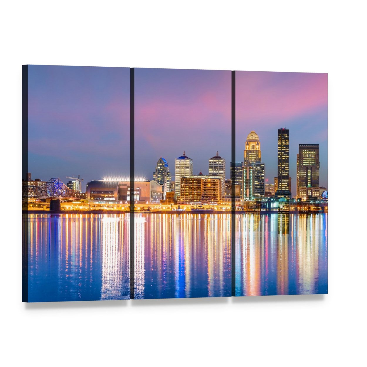 Downtown Louisville Skyline Canvas Wall Art, 3 panel 3 Horizontal layout gallery wrapped canvas set, angled product view
