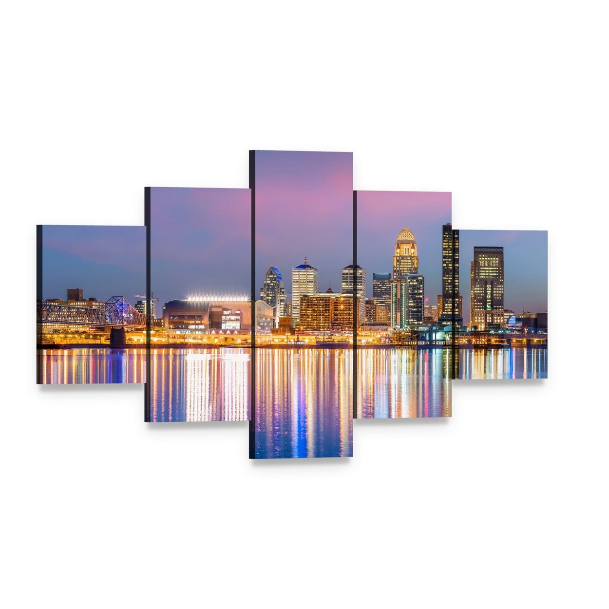 Downtown Louisville Skyline Canvas Wall Art, 5 panel 5 Star layout gallery wrapped canvas set, angled product view