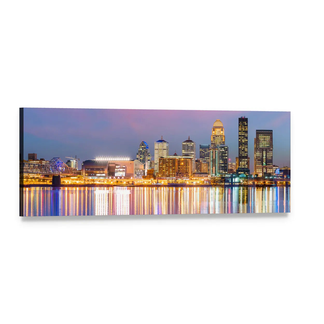 Louisville Skyline at Dusk Panoramic Canvas Wall Art, single panel gallery wrapped canvas, angled product view