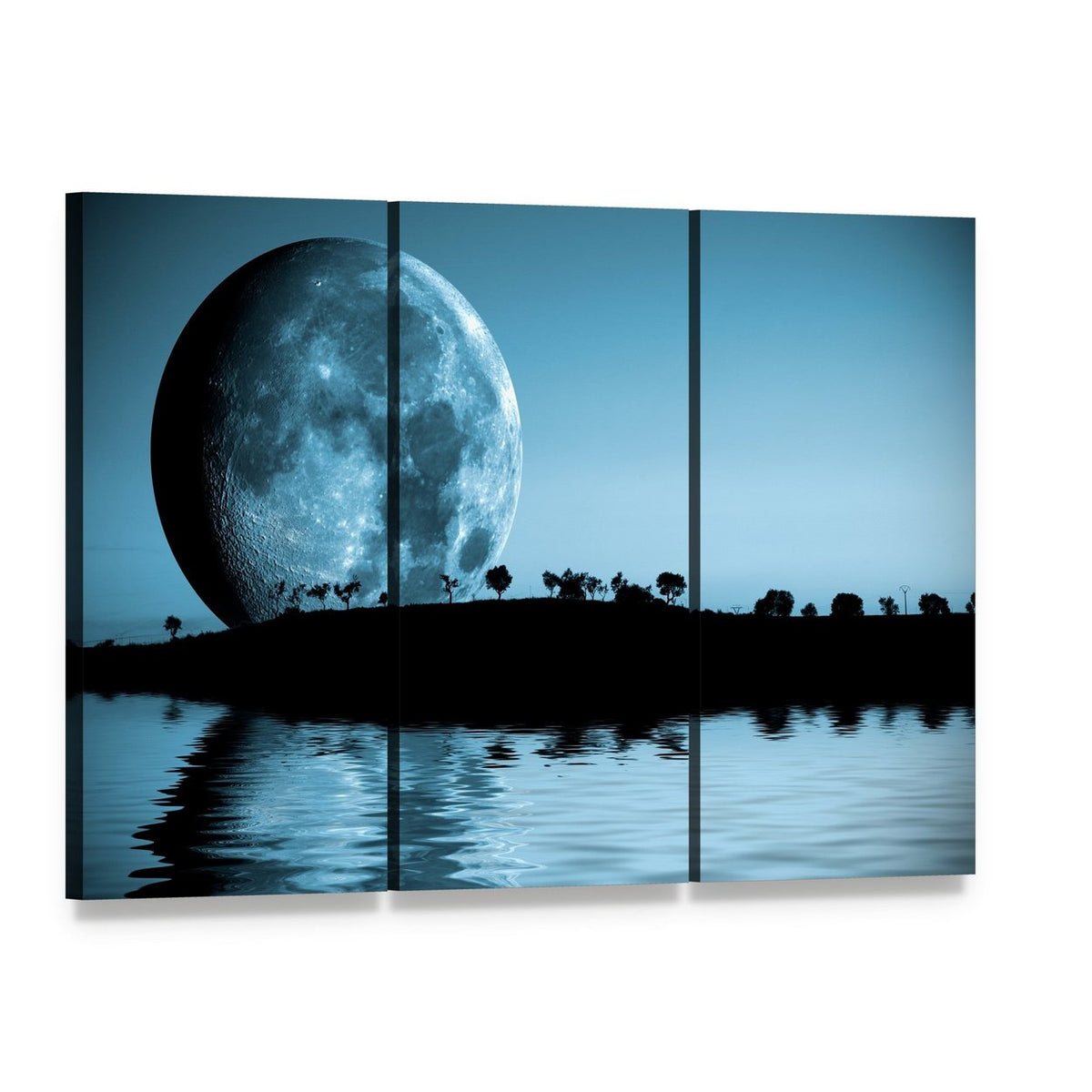 Full Moon and Lake Reflection Canvas Wall Art, 3 panel 3 Horizontal layout gallery wrapped canvas set, angled product view