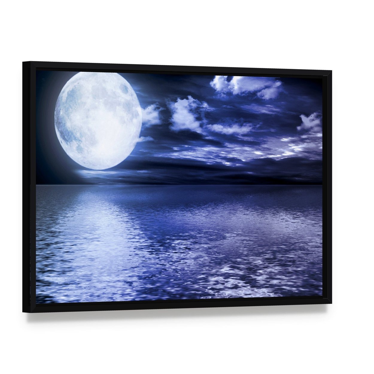 Moon Reflection in Water Canvas Wall Art, framed canvas in a black floater frame, angled product view