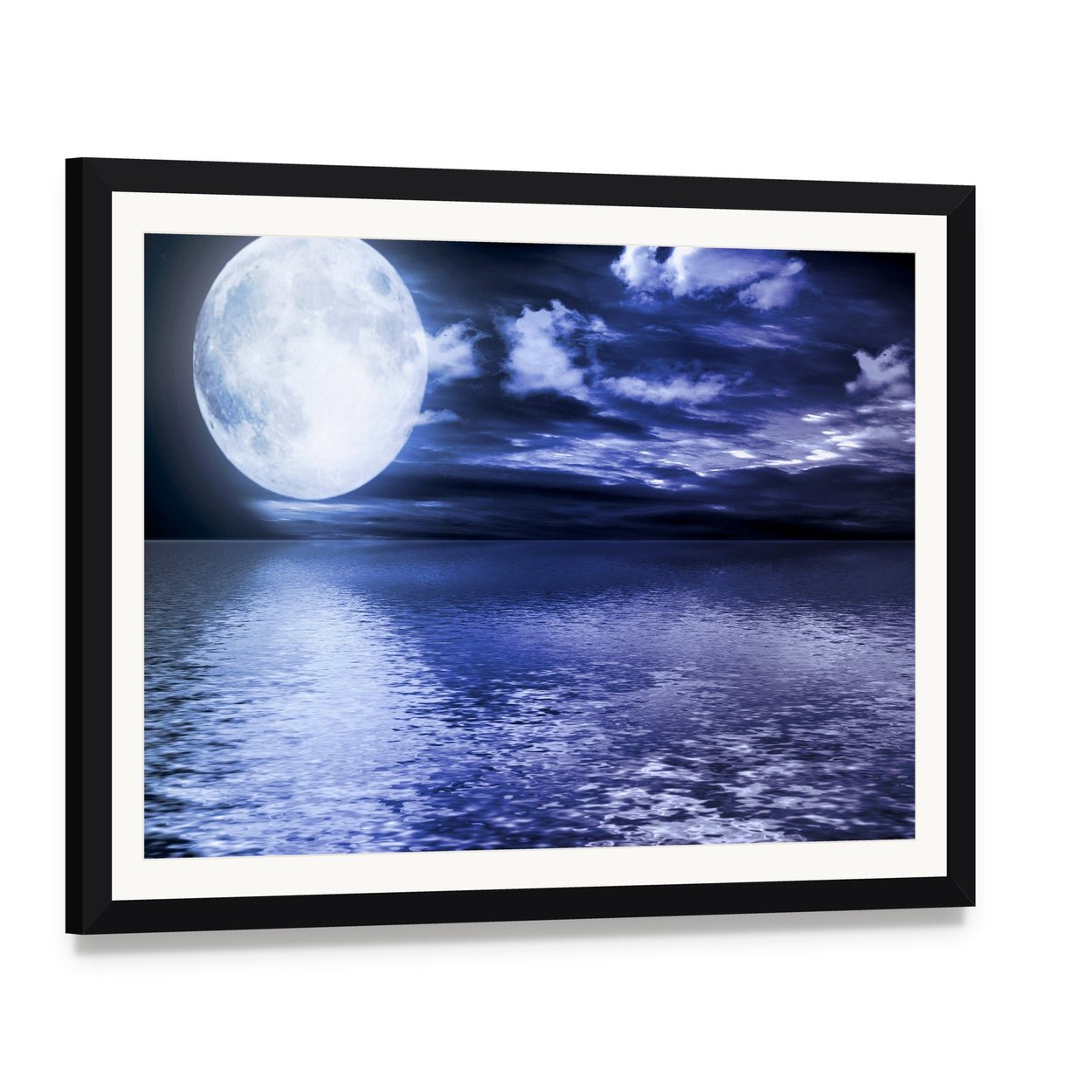 Moon Reflection in Water Canvas Wall Art, framed print with white mat and black frame, angled product view