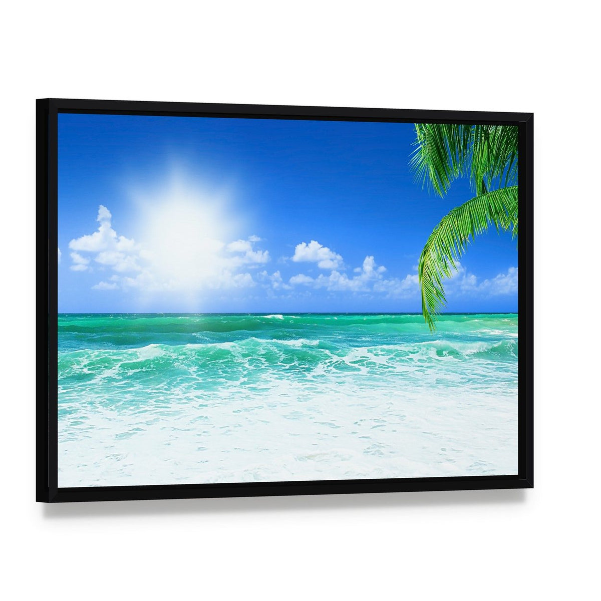 Beach at Day Time Canvas Wall Art, framed canvas in a black floater frame, angled product view