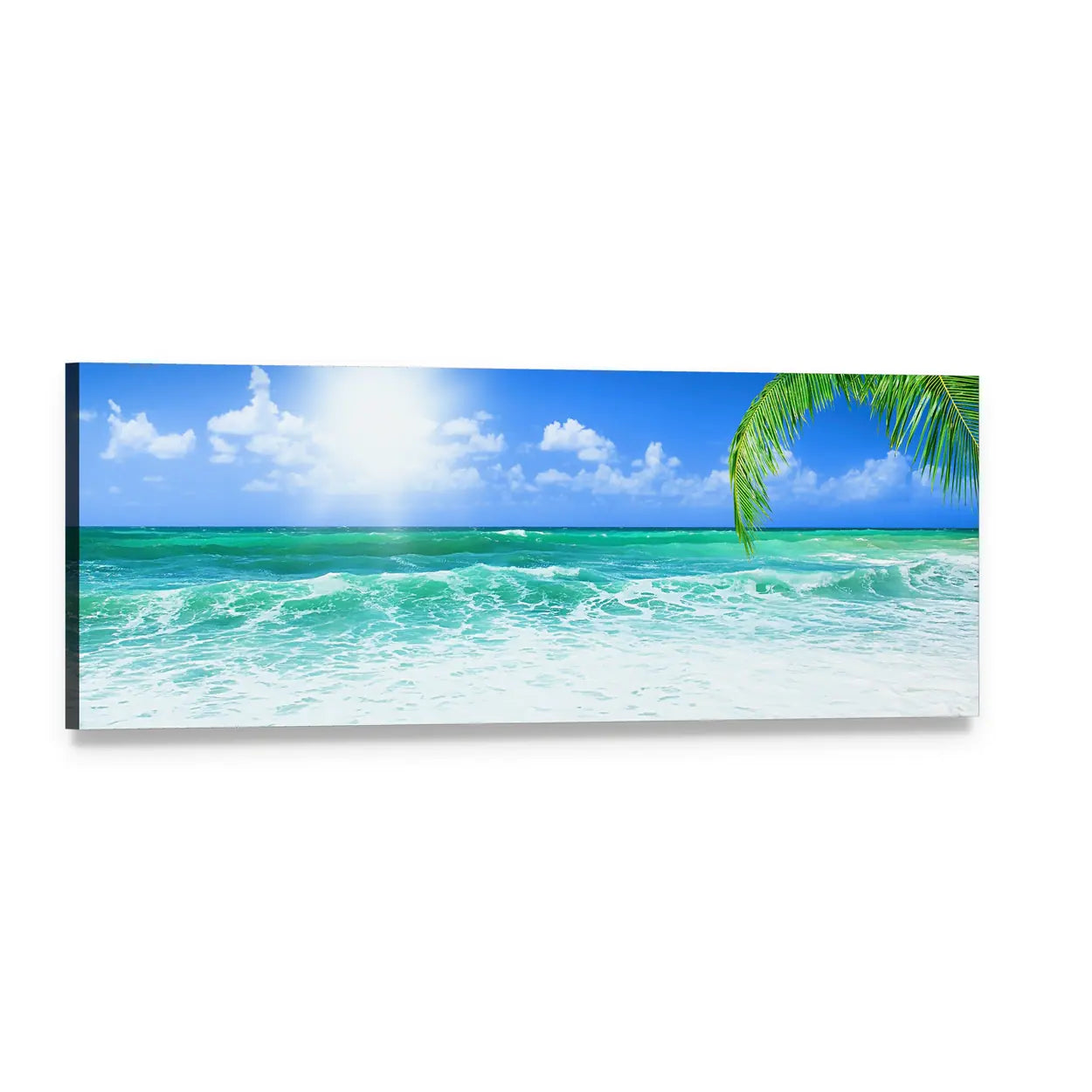 Daytime Tropical Beach View Panoramic Canvas Wall Art, single panel gallery wrapped canvas, angled product view