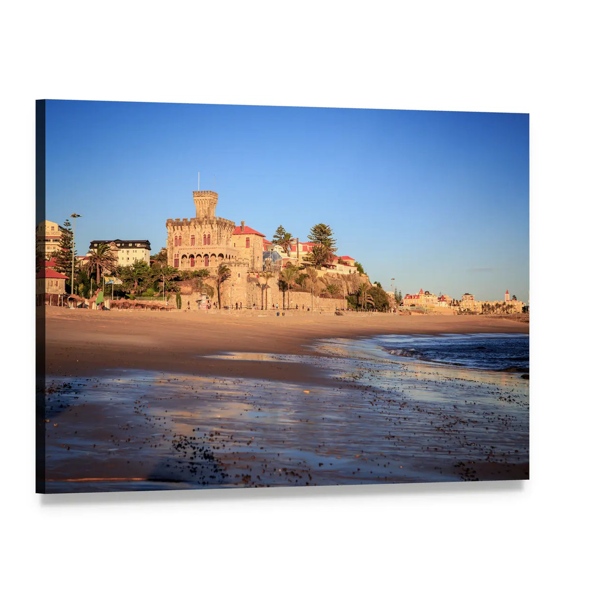 Praia Do Tamariz Beach with Hilltop Castle Canvas Wall Art, single panel gallery wrapped canvas, angled product view